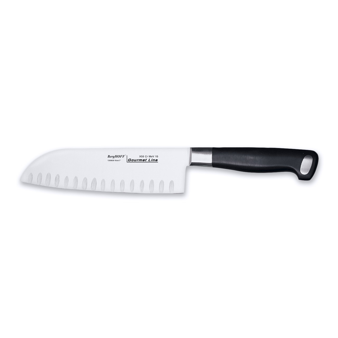 Нож сантоку 18см BergHOFF Gourmet 1399690 Нож сантоку 18см BergHOFF Gourmet 1399690Ножи Сантоку<br>Нож сантоку 18см BergHOFF Gourmet 1399690<br> <br>Ножи серии Gourmet - это лучший выбор для вашей кухни. Лезвия из хромомолибденованадиевой стали (X50CrMoV15) прочные и очень долговечные. Ножи, изготовлены из единого куска твердой высокоуглеродистой стали, пятно- и коррозиеустойчивые. Тяжелая кованая шейка обеспечивает идеальный баланс и безопасность для рук. Ручка, разработанная для безопасного захвата, изготовлена из синтетического материала, известного своей твердостью и прочностью. Заточены вручную. Нож Сантоку - нож в азиатском стиле с прямым режущим краем. Это универсальный нож для различных кухонных работ. Широкое лезвие удобно для некоторых специальных задач, таких как раздавливание чеснока и сбор нарезанных ингредиентов на лезвие. Этот нож иногда выпускается с фестончатым лезвием для уменьшения налипания нарезаемых кусочков на лезвие.Высококачественные инструменты, долго сорхраняющие остроту и простые в уходе.<br>Официальный продавец BergHOFF<br>