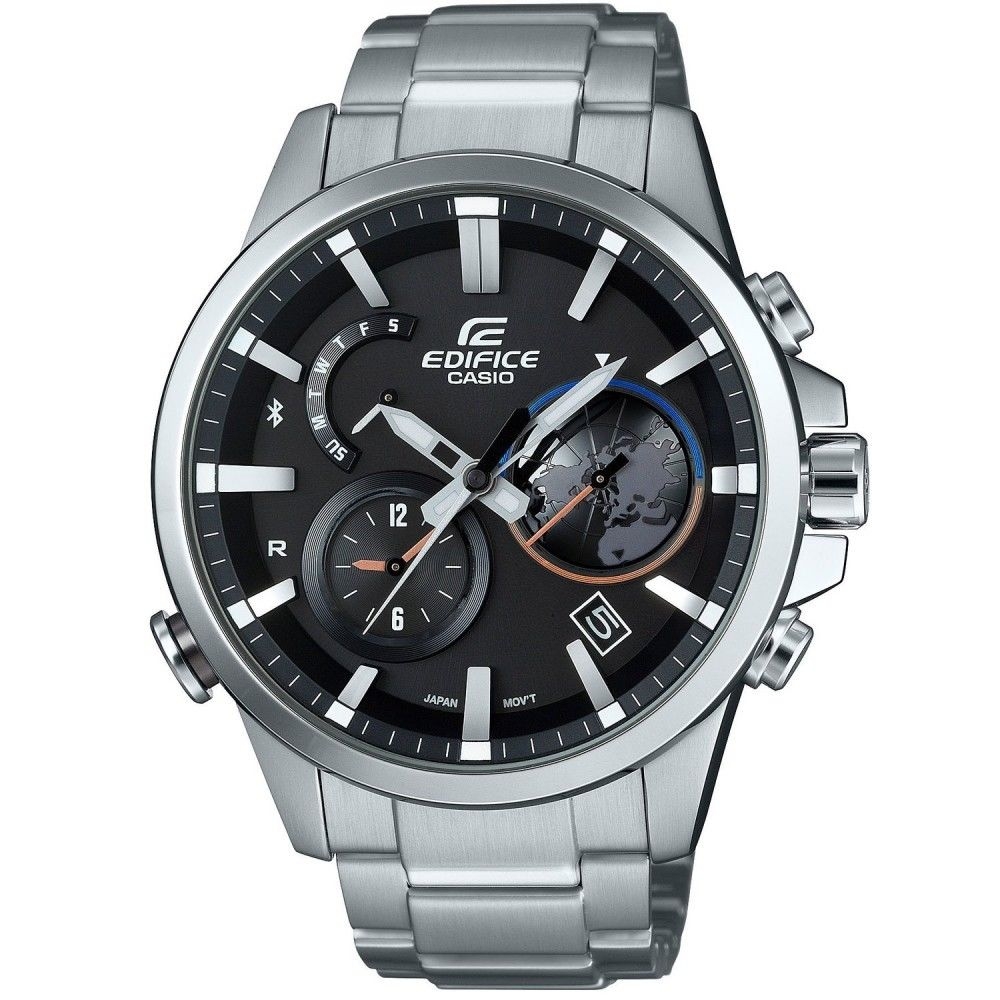 Casio Edifice EQB-600D-1A / EQB-600D-1AER - мужские наручные часы Casio Edifice EQB-600D-1A / EQB-600D-1AER - мужские наручные часыCasio<br><br><br>Бренд: Casio<br>Модель: Casio EQB-600D-1A<br>Артикул: EQB-600D-1A<br>Вариант артикула: EQB-600D-1AER<br>Коллекция: Edifice<br>Подколлекция: None<br>Страна: Япония<br>Пол: мужские<br>Тип механизма: кварцевые<br>Механизм: None<br>Количество камней: None<br>Автоподзавод: None<br>Источник энергии: от солнечной батареи<br>Срок службы элемента питания: None<br>Дисплей: стрелки<br>Цифры: отсутствуют<br>Водозащита: WR 100<br>Противоударные: None<br>Материал корпуса: нерж. сталь<br>Материал браслета: нерж. сталь<br>Материал безеля: None<br>Стекло: минеральное<br>Антибликовое покрытие: None<br>Цвет корпуса: None<br>Цвет браслета: None<br>Цвет циферблата: None<br>Цвет безеля: None<br>Размеры: 51,9х47,3мм, толщина 13,3мм<br>Диаметр: None<br>Диаметр корпуса: None<br>Толщина: None<br>Ширина ремешка: None<br>Вес: 170 г<br>Спорт-функции: секундомер<br>Подсветка: стрелок<br>Вставка: None<br>Отображение даты: вечный календарь, число, день недели<br>Хронограф: None<br>Таймер: None<br>Термометр: None<br>Хронометр: None<br>GPS: None<br>Радиосинхронизация: None<br>Барометр: None<br>Скелетон: None<br>Дополнительная информация: Bluetooth, авиарежим, функция сохранения энергии, работоспособность в полной темноте до 7 месяцев в обычном режиме и до 33 месяцев в режиме сохранения энергии<br>Дополнительные функции: индикатор запаса хода, второй часовой пояс, будильник
