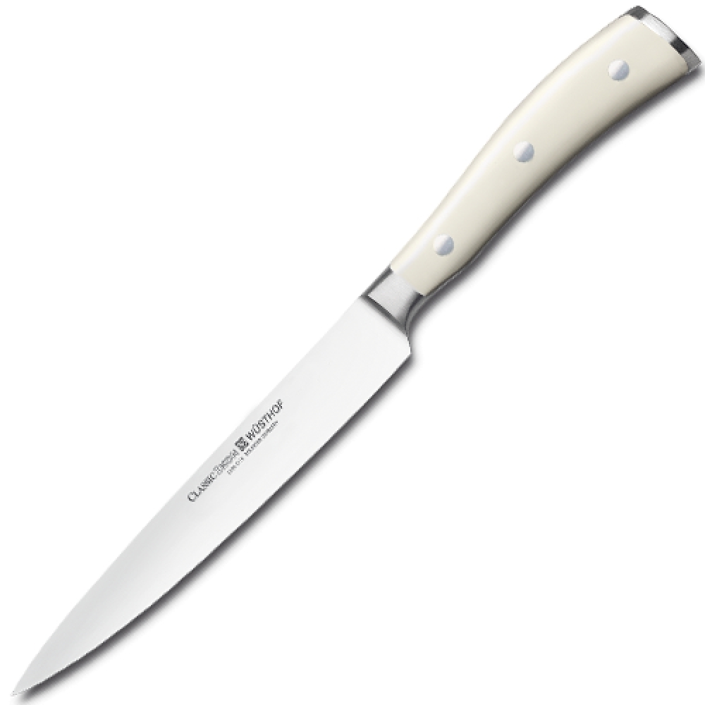 Нож кухонный универсальный 16 см WUSTHOF Ikon Cream White (Золинген) арт. 4506-0/16 WUS Нож кухонный универсальный 16 см WUSTHOF Ikon Cream White (Золинген) арт. 4506-0/16 WUSКухонные ножи WUSTHOF Ikon Cream White<br>Нож кухонный универсальный 16 см WUSTHOF Ikon Cream White (Золинген) арт. 4506-0/16 WUS<br> <br>Отличительные особенности<br>Что резать: подходит для нарезки не больших кусков мяса и рыбы, а также сыра, овощей и фруктов.<br>Материал лезвия: сталь кованая, молибден-ванадиевая (X50 Cr Mo V 15) - отличается высочайшим уровнем прочности, обеспечивающимся наличием молибдена и ванадия в ее составе. Оптимальная для ножей твердость лезвия объясняется повышенным содержанием углерода в составе металла и особой технологией его термообработки. Сталь X50CrMoV15 благодаря наличию в ее составе хрома, отличается также повышенной стойкостью к коррозии.<br>Лезвия ножей из стали марки X50CrMoV15 долгое время не нуждаются в дополнительной заточке, они не темнеют и практически не подвержены окислению. Вне зависимости от интенсивности эксплуатации ножи сохраняют свой первозданный вид на протяжении всего срока их использования.<br>Материал рукоятки: полиоксиметилен - это инновационный материал, используемый для производства рукоятей ножей, он представляет собой усиленный оксидом кремния синтетический полимер, обладающий ударопрочными свойствами.<br>Благодаря таким свойствам, как водонепроницаемость, особая прочность, инертность к химическим веществам и продуктам, полиоксиметилен отвечает самым строгим требованиям в области гигиены, что позволяет использовать ножи с рукоятями из этого материала на ресторанных кухнях. Отличием таких ножей является идеальная балансировка, которая обеспечивает максимальный комфорт при долговременном использовании изделия.<br>Кому подойдет: хорошее соотношение цена-качество, отлично подойдет как для домашнего использования, так и для профессиональных поваров.<br>Описание<br>Серия ножей Ikon Cream White от Wusthof, не останется незамеченной на вашей кухне. Однако, эти клинки, выполненные в элегантном светлом дизайне, не только будут притягивать к себе восторженные взгляды ваших гостей, но и станут удобным и надёжным помощником в приготовлении самых разных блюд.<br>В основе каждого ножа — цельный кусок высокоуглеродистого металла. Удобная рукоять на трёх заклёпках идеально ложится в руку, а фирменная технология обработки лезвия PEtec гарантирует идеальную остроту этих ножей. Особенностью ножей Wusthof является идеальная сбалансированность — они «помогают» задать оптимальное направление движения, что значительно повышает удобство их использования.<br>Среди других достоинств клинков Ikon Cream White — специальный сплав содержащий хром и молибден помогающие содержать нож в идеальной чистоте, а также ванадий для обеспечения дополнительной прочности и остроты лезвия.<br>