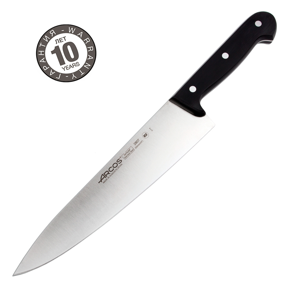 Нож кухонный Шеф 25 см ARCOS Universal арт. 2807-B Нож кухонный Шеф 25 см ARCOS Universal арт. 2807-BArcos (Испания)<br>Нож кухонный Шеф 25 см ARCOS Universal арт. 2807-B<br> <br>Классический дизайн, привычный цвет, оптимальные, формы, прочные и долговечные лезвия, изготовленные из высококачественной нержавеющей стали NITRUM®, удобные рукоятки с полиоксиметиленовыми накладками — все это блестяще воплощено в кухонных ножах серии Universal.<br>Официальный продавец ARCOS<br>
