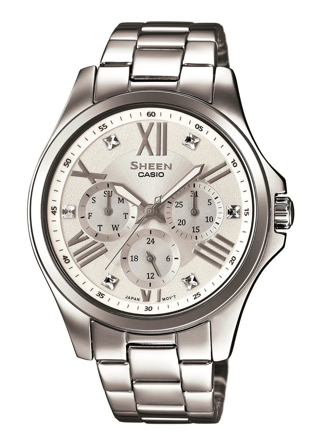Casio Sheen SHE-3806D-7A / - женские наручные часы Casio Sheen SHE-3806D-7A / - женские наручные часыCasio<br><br><br>Бренд: Casio<br>Модель: Casio SHE-3806D-7A<br>Артикул: SHE-3806D-7A<br>Вариант артикула: None<br>Коллекция: Sheen<br>Подколлекция: None<br>Страна: Япония<br>Пол: женские<br>Тип механизма: кварцевые<br>Механизм: None<br>Количество камней: None<br>Автоподзавод: None<br>Источник энергии: от батарейки<br>Срок службы элемента питания: 36 мес<br>Дисплей: None<br>Цифры: римские<br>Водозащита: WR 50<br>Противоударные: None<br>Материал корпуса: нерж. сталь<br>Материал браслета: нерж. сталь<br>Материал безеля: None<br>Стекло: минеральное<br>Антибликовое покрытие: None<br>Цвет корпуса: None<br>Цвет браслета: None<br>Цвет циферблата: None<br>Цвет безеля: None<br>Размеры: None<br>Диаметр: None<br>Диаметр корпуса: None<br>Толщина: None<br>Ширина ремешка: None<br>Вес: 92 г<br>Спорт-функции: None<br>Подсветка: стрелок<br>Вставка: кристаллы Swarovski<br>Отображение даты: число, день недели<br>Хронограф: None<br>Таймер: None<br>Термометр: None<br>Хронометр: None<br>GPS: None<br>Радиосинхронизация: None<br>Барометр: None<br>Скелетон: None<br>Дополнительная информация: элемент питания SR920SW<br>Дополнительные функции: None