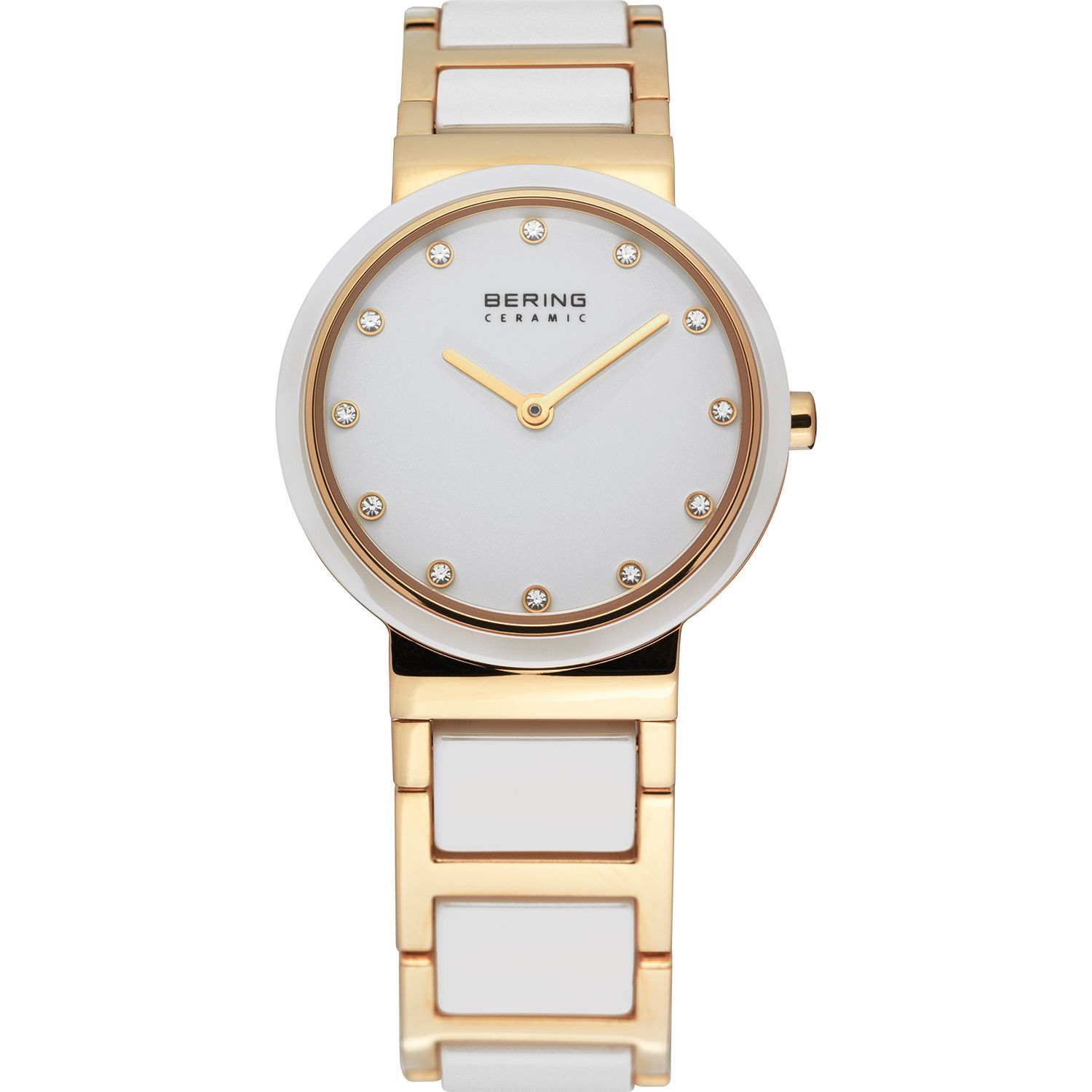 Bering 10725-751 - женские наручные часы из коллекции Ceramic Bering 10725-751 - женские наручные часы из коллекции CeramicBering<br>женские, сапфировое стекло, корпус из нерж. стали с покрытием pvd золотого цвета с безелем из керамики белого цвета, браслет из нерж. стали с покрытием pvd золотого цвета со вставками из керамики белого цвета, циферблат белого цвета с 12-ю кристаллами swarovski золотого цвета<br><br>Бренд: Bering<br>Модель: Bering 10725-751<br>Артикул: 10725-751<br>Вариант артикула: ber-10725-751<br>Коллекция: Ceramic<br>Подколлекция: None<br>Страна: Дания<br>Пол: женские<br>Тип механизма: кварцевые<br>Механизм: None<br>Количество камней: None<br>Автоподзавод: None<br>Источник энергии: от батарейки<br>Срок службы элемента питания: None<br>Дисплей: стрелки<br>Цифры: отсутствуют<br>Водозащита: WR 50<br>Противоударные: None<br>Материал корпуса: нерж. сталь + керамика, PVD покрытие: позолота (частичное)<br>Материал браслета: нерж. сталь + керамика, PVD покрытие (частичное): позолота<br>Материал безеля: керамика<br>Стекло: сапфировое<br>Антибликовое покрытие: None<br>Цвет корпуса: золотой<br>Цвет браслета: золотой<br>Цвет циферблата: None<br>Цвет безеля: белый<br>Размеры: 25 мм<br>Диаметр: 25 мм<br>Диаметр корпуса: None<br>Толщина: None<br>Ширина ремешка: None<br>Вес: None<br>Спорт-функции: None<br>Подсветка: None<br>Вставка: кристаллы Swarovski<br>Отображение даты: None<br>Хронограф: None<br>Таймер: None<br>Термометр: None<br>Хронометр: None<br>GPS: None<br>Радиосинхронизация: None<br>Барометр: None<br>Скелетон: None<br>Дополнительная информация: None<br>Дополнительные функции: None