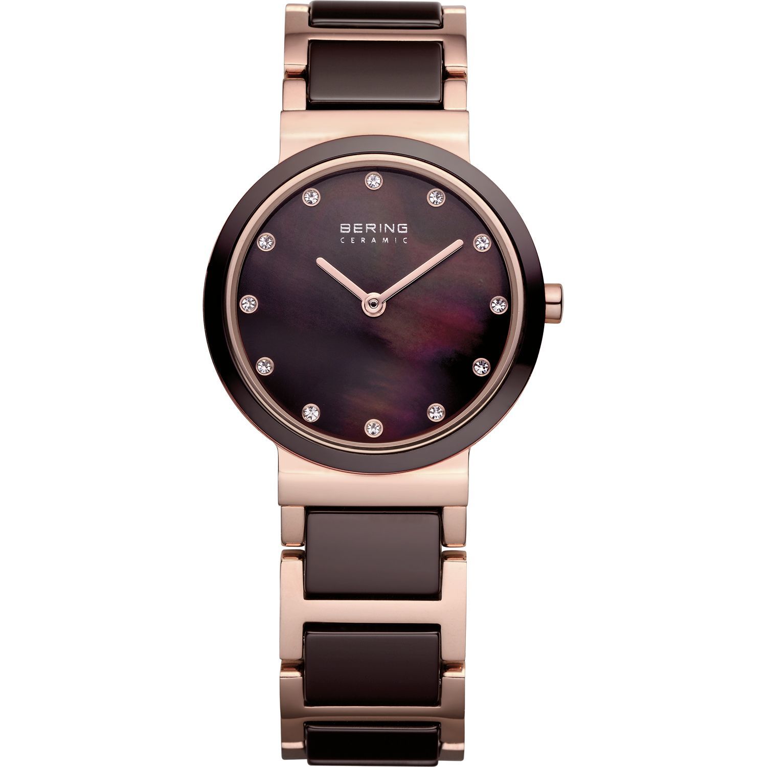Bering 10729-765 - женские наручные часы из коллекции Ceramic Bering 10729-765 - женские наручные часы из коллекции CeramicBering<br>женские, сапфировое стекло, шоколадная керамика, корпус из нерж. стали с покрытием pvd розового цвета с безелем из керамики коричневого цвета, браслет из нерж. стали с покрытием pvd розового цвета со вставками из керамики коричневого цвета, циферблат перламутровый коричневого цвета с 12-ю кристаллами swarovski<br><br>Бренд: Bering<br>Модель: Bering 10729-765<br>Артикул: 10729-765<br>Вариант артикула: ber-10729-765<br>Коллекция: Ceramic<br>Подколлекция: None<br>Страна: Дания<br>Пол: женские<br>Тип механизма: кварцевые<br>Механизм: None<br>Количество камней: None<br>Автоподзавод: None<br>Источник энергии: от батарейки<br>Срок службы элемента питания: None<br>Дисплей: стрелки<br>Цифры: отсутствуют<br>Водозащита: WR 50<br>Противоударные: None<br>Материал корпуса: нерж. сталь + керамика, PVD покрытие: позолота (частичное)<br>Материал браслета: нерж. сталь + керамика, PVD покрытие (частичное): позолота<br>Материал безеля: керамика<br>Стекло: сапфировое<br>Антибликовое покрытие: None<br>Цвет корпуса: розовое золото<br>Цвет браслета: розовое золото<br>Цвет циферблата: None<br>Цвет безеля: коричневый<br>Размеры: 29x6 мм<br>Диаметр: 29 мм<br>Диаметр корпуса: None<br>Толщина: None<br>Ширина ремешка: None<br>Вес: None<br>Спорт-функции: None<br>Подсветка: None<br>Вставка: None<br>Отображение даты: None<br>Хронограф: None<br>Таймер: None<br>Термометр: None<br>Хронометр: None<br>GPS: None<br>Радиосинхронизация: None<br>Барометр: None<br>Скелетон: None<br>Дополнительная информация: None<br>Дополнительные функции: None