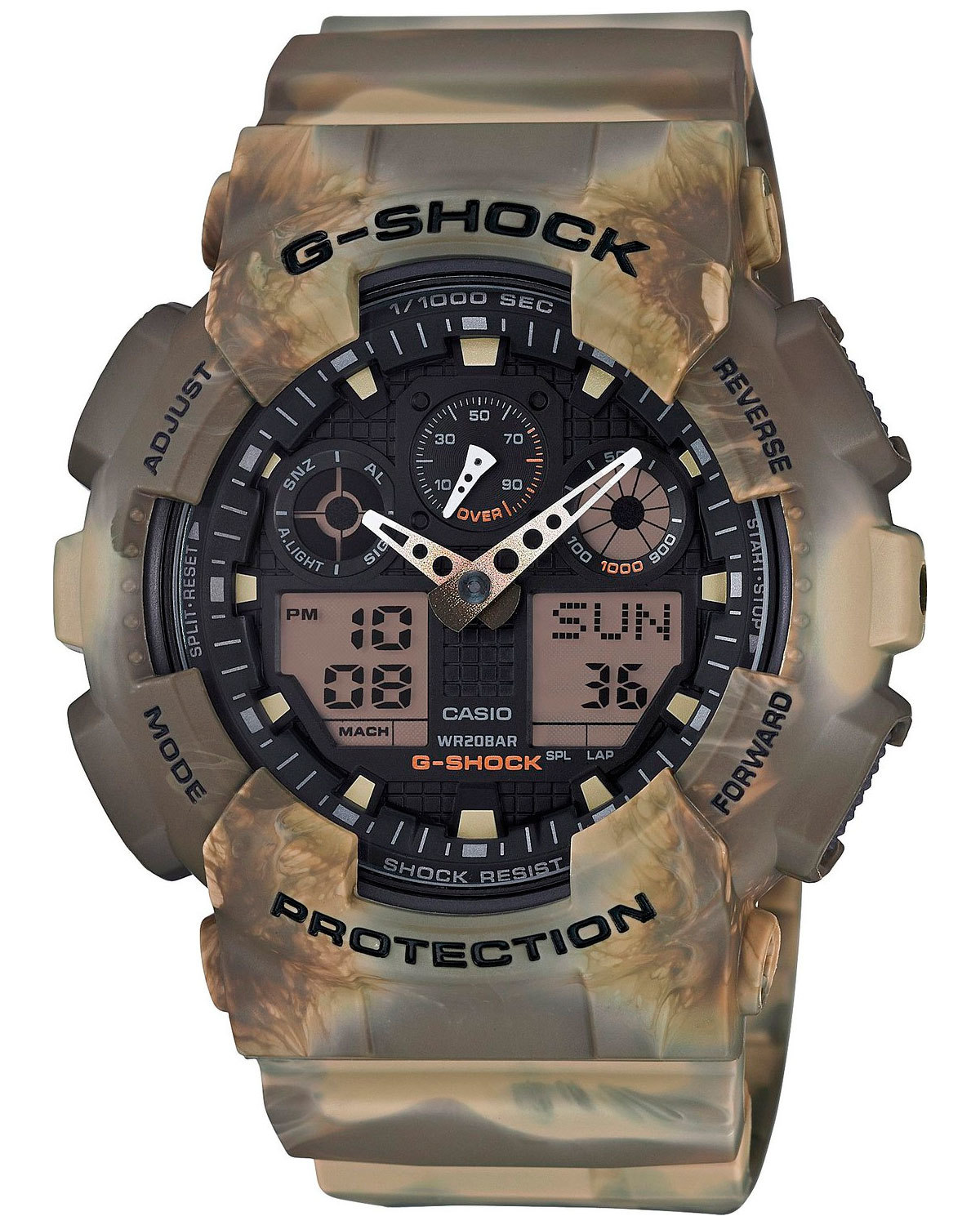 Casio G-SHOCK GA-100MM-5A / GA-100MM-5AER - мужские наручные часы Casio G-SHOCK GA-100MM-5A / GA-100MM-5AER - мужские наручные часыCasio<br><br><br>Бренд: Casio<br>Модель: Casio GA-100MM-5A<br>Артикул: GA-100MM-5A<br>Вариант артикула: GA-100MM-5AER<br>Коллекция: G-SHOCK<br>Подколлекция: None<br>Страна: Япония<br>Пол: мужские<br>Тип механизма: кварцевые<br>Механизм: None<br>Количество камней: None<br>Автоподзавод: None<br>Источник энергии: от батарейки<br>Срок службы элемента питания: None<br>Дисплей: стрелки + цифры<br>Цифры: отсутствуют<br>Водозащита: WR 200<br>Противоударные: есть<br>Материал корпуса: пластик<br>Материал браслета: пластик<br>Материал безеля: None<br>Стекло: минеральное<br>Антибликовое покрытие: None<br>Цвет корпуса: None<br>Цвет браслета: None<br>Цвет циферблата: None<br>Цвет безеля: None<br>Размеры: 51.2x55x16.9 мм<br>Диаметр: None<br>Диаметр корпуса: None<br>Толщина: None<br>Ширина ремешка: None<br>Вес: 71 г<br>Спорт-функции: секундомер, таймер обратного отсчета<br>Подсветка: дисплея<br>Вставка: None<br>Отображение даты: вечный календарь, число, месяц, день недели<br>Хронограф: None<br>Таймер: None<br>Термометр: None<br>Хронометр: None<br>GPS: None<br>Радиосинхронизация: None<br>Барометр: None<br>Скелетон: None<br>Дополнительная информация: автоподсветка, повтор сигнала будильника, ежечасный сигнал, защитная функция антимагнит, элемент питания CR1220, срок службы батарейки 2 года<br>Дополнительные функции: второй часовой пояс, будильник (количество установок: 5)
