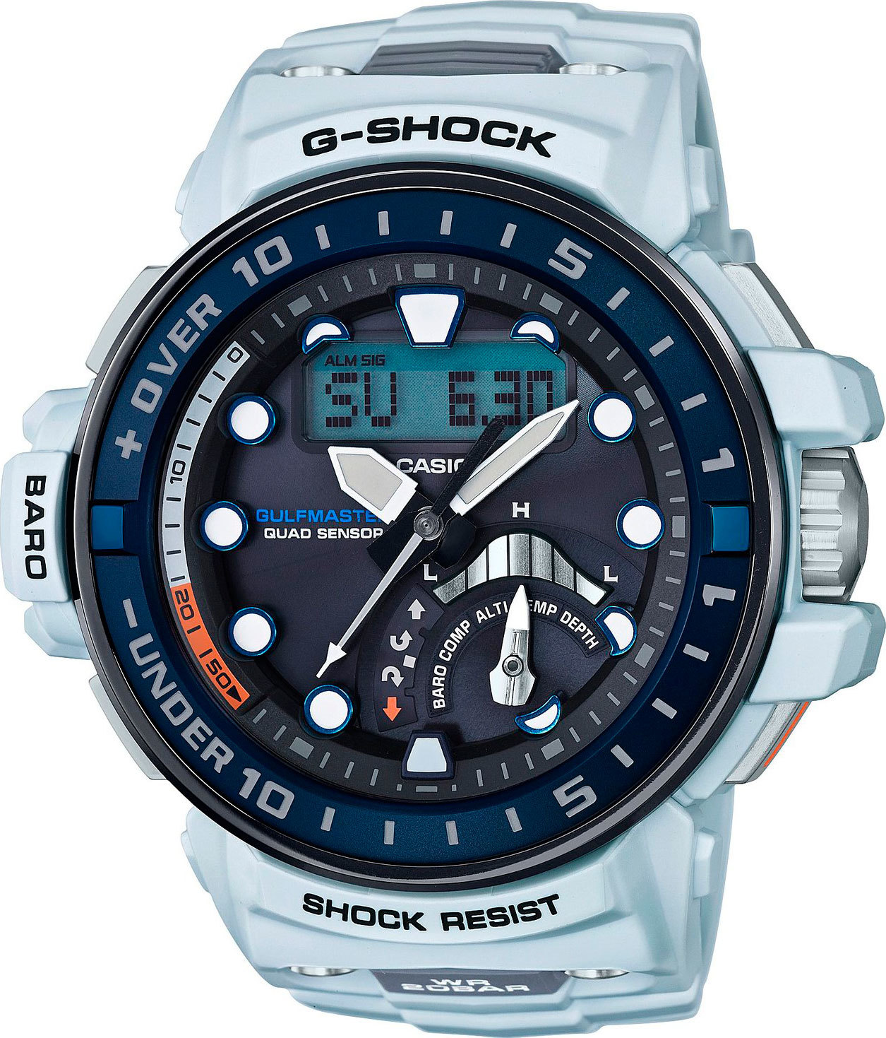 Casio G-SHOCK GWN-Q1000-7A / GWN-Q1000-7AER - мужские наручные часы Casio G-SHOCK GWN-Q1000-7A / GWN-Q1000-7AER - мужские наручные часыCasio<br><br><br>Бренд: Casio<br>Модель: Casio GWN-Q1000-7A<br>Артикул: GWN-Q1000-7A<br>Вариант артикула: GWN-Q1000-7AER<br>Коллекция: G-SHOCK<br>Подколлекция: GULFMASTER<br>Страна: Япония<br>Пол: мужские<br>Тип механизма: кварцевые<br>Механизм: None<br>Количество камней: None<br>Автоподзавод: None<br>Источник энергии: от солнечной батареи<br>Срок службы элемента питания: 6 мес<br>Дисплей: стрелки + цифры<br>Цифры: отсутствуют<br>Водозащита: WR 200<br>Противоударные: есть<br>Материал корпуса: нерж. сталь + пластик, IP покрытие (частичное)<br>Материал браслета: пластик<br>Материал безеля: None<br>Стекло: сапфировое<br>Антибликовое покрытие: None<br>Цвет корпуса: None<br>Цвет браслета: None<br>Цвет циферблата: None<br>Цвет безеля: None<br>Размеры: 57.3x48x17 мм<br>Диаметр: None<br>Диаметр корпуса: None<br>Толщина: None<br>Ширина ремешка: None<br>Вес: 113 г<br>Спорт-функции: секундомер, таймер обратного отсчета, глубиномер, высотомер, барометр, термометр, компас<br>Подсветка: дисплея, стрелок<br>Вставка: None<br>Отображение даты: вечный календарь, число, месяц, день недели<br>Хронограф: есть<br>Таймер: None<br>Термометр: None<br>Хронометр: None<br>GPS: None<br>Радиосинхронизация: есть<br>Барометр: None<br>Скелетон: None<br>Дополнительная информация: отображение сведений о приливах и отливах, ежечасный сигнал, функция сохранения энергии, функция включения/отключения звука кнопок, функция перемещения стрелок; работоспособность в полной темноте до 21 месяцев в режиме сохранения энергии<br>Дополнительные функции: индикатор запаса хода, второй часовой пояс, указатель фаз Луны, время восхода и заката, будильник (количество установок: 5)