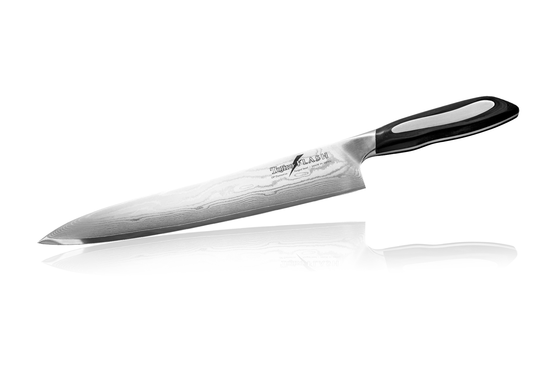 Нож кухонный стальной Шеф (240мм) Tojiro Flash Damascus FF-CH240 Нож кухонный стальной Шеф (240мм) Tojiro Flash Damascus FF-CH240Tojiro Flash Damascus<br>Нож кухонный стальной Шеф (240мм) Tojiro Flash Damascus FF-CH240<br> <br>Премиум серия ножей Tojiro Flash Damascus изначально была выпущена эксклюзивно для экспорта за границу Японии.<br>Ножи серии Tojiro Flash Damascus отличает высокая эргономичность рукоятей и клинки, изготовленные с использованием технологии Damascus DP. Рукояти ножей серии Tojiro Flash Damascus изготовлены с использованием материала Micarta. Этот материал используется при изготовлении туристических и охотничьих ножей, ножей, которые должны выдерживать экстремальные нагрузки при эксплуатации в неблагоприятных условиях. Стальные накладки рукояти приварены к хвостовику и окружены Micarta. Технология производства таких рукоятей требует повышенных временных и трудозатрат.<br>Сталь придает рукоятям ножей серии Tojiro Flash Damascus должный вес, а Micarta обеспечивает неповторимый комфорт при работе этими ножами. Клинки ножей серии Tojiro Flash Damascus изготовлены из стали VG-10, разработанной специально для производства ножей. Режущий слой закален до 61HRC. Более мягкие обкладки из дамаска предохраняют клинки от поломки, позволяя закалить режущий слой на максимальную твердость. Дамаск придает клинкам ножей серии Tojiro Flash Damascus неповторимый колорит. Клинки заточены до невероятной остроты, финишная заточка производится на японских водных камнях зернистостью #10 000. Это обеспечивает клинкам ножей серии Tojiro Flash Damascus несравненный рез и долгое сохранение высокой остроты.<br>Официальный сертифицированный продавец TOJIRO<br>