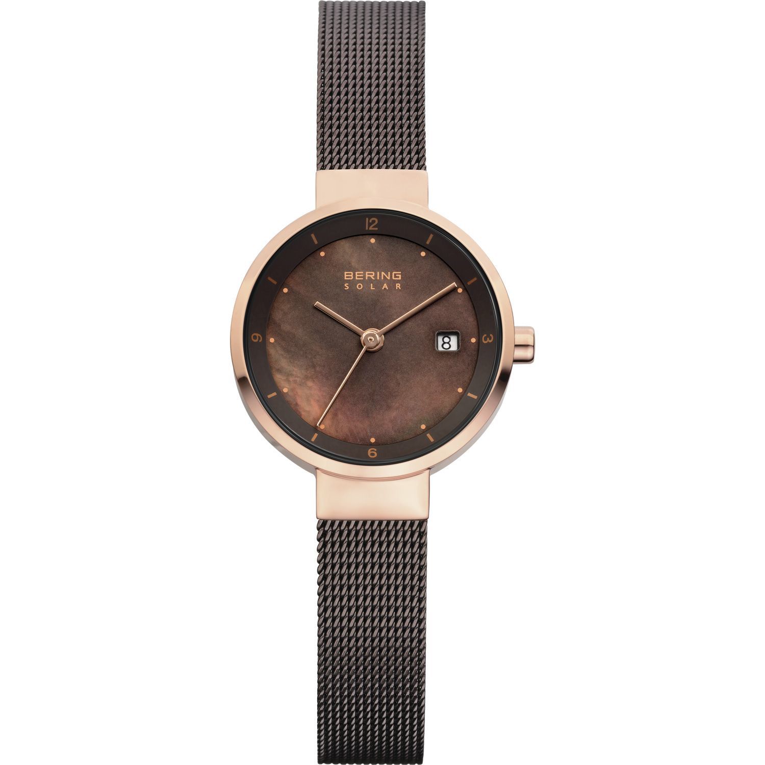 Bering 14426-265 - женские наручные часы из коллекции Solar Bering 14426-265 - женские наручные часы из коллекции SolarBering<br>lady solar, женские, шоколадный миланский браслет, сапфировое стекло<br><br>Бренд: Bering<br>Модель: Bering 14426-265<br>Артикул: 14426-265<br>Вариант артикула: ber-14426-265<br>Коллекция: Solar<br>Подколлекция: None<br>Страна: Дания<br>Пол: женские<br>Тип механизма: кварцевые<br>Механизм: None<br>Количество камней: None<br>Автоподзавод: None<br>Источник энергии: от солнечной батареи<br>Срок службы элемента питания: None<br>Дисплей: стрелки<br>Цифры: арабские<br>Водозащита: WR 50<br>Противоударные: None<br>Материал корпуса: нерж. сталь, IP покрытие: позолота (полное)<br>Материал браслета: нерж. сталь, IP покрытие (полное)<br>Материал безеля: None<br>Стекло: сапфировое<br>Антибликовое покрытие: None<br>Цвет корпуса: розовое золото<br>Цвет браслета: коричневый<br>Цвет циферблата: None<br>Цвет безеля: None<br>Размеры: 26 мм<br>Диаметр: 26 мм<br>Диаметр корпуса: None<br>Толщина: None<br>Ширина ремешка: None<br>Вес: None<br>Спорт-функции: None<br>Подсветка: None<br>Вставка: None<br>Отображение даты: число<br>Хронограф: None<br>Таймер: None<br>Термометр: None<br>Хронометр: None<br>GPS: None<br>Радиосинхронизация: None<br>Барометр: None<br>Скелетон: None<br>Дополнительная информация: None<br>Дополнительные функции: None