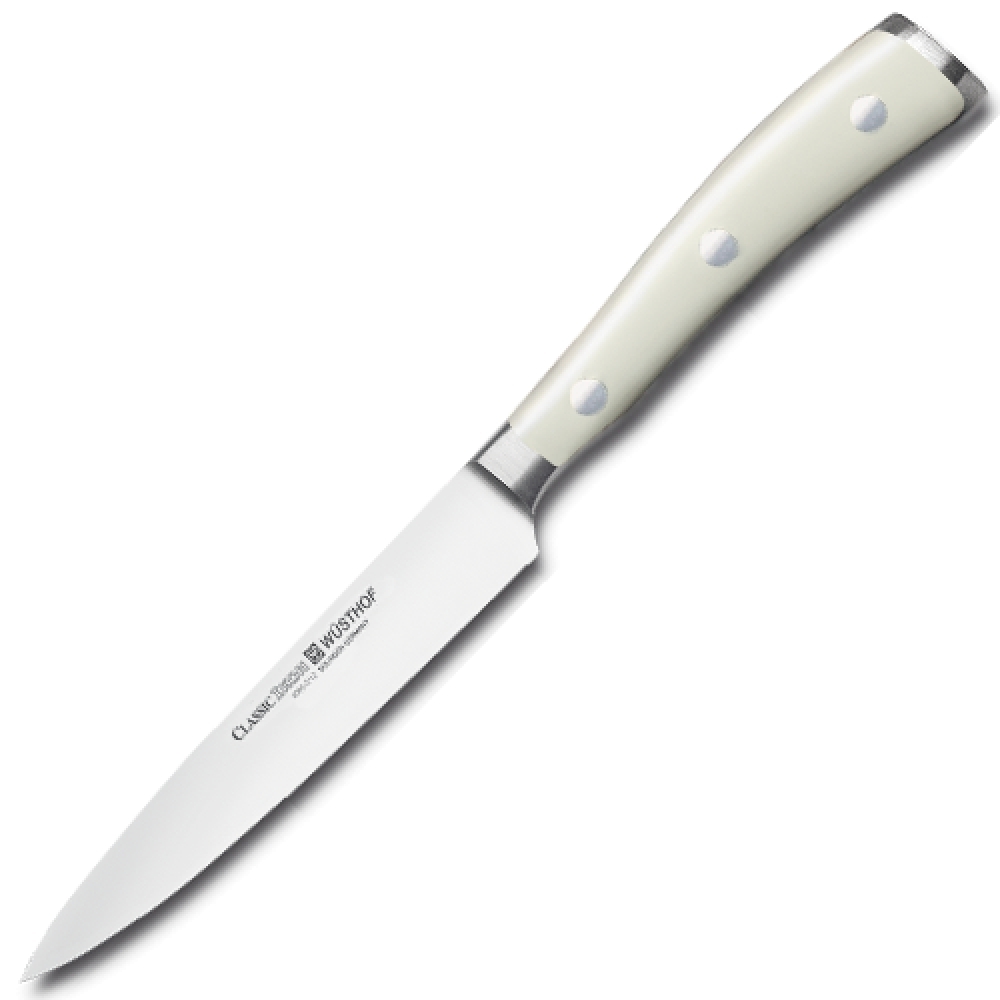 Нож кухонный универсальный 12 см WUSTHOF Ikon Cream White (Золинген) арт. 4086-0/12 WUS Нож кухонный универсальный 12 см WUSTHOF Ikon Cream White (Золинген) арт. 4086-0/12 WUSКухонные ножи WUSTHOF Ikon Cream White<br>Нож кухонный универсальный 12 см WUSTHOF Ikon Cream White (Золинген) арт. 4086-0/12 WUS<br> <br>Отличительные особенности<br>Что резать: подходит для нарезки не больших кусков мяса и рыбы, а также сыра, овощей и фруктов.<br>Материал лезвия: сталь кованая, молибден-ванадиевая (X50 Cr Mo V 15) - отличается высочайшим уровнем прочности, обеспечивающимся наличием молибдена и ванадия в ее составе. Оптимальная для ножей твердость лезвия объясняется повышенным содержанием углерода в составе металла и особой технологией его термообработки. Сталь X50CrMoV15 благодаря наличию в ее составе хрома, отличается также повышенной стойкостью к коррозии.<br>Лезвия ножей из стали марки X50CrMoV15 долгое время не нуждаются в дополнительной заточке, они не темнеют и практически не подвержены окислению. Вне зависимости от интенсивности эксплуатации ножи сохраняют свой первозданный вид на протяжении всего срока их использования.<br>Материал рукоятки: полиоксиметилен - это инновационный материал, используемый для производства рукоятей ножей, он представляет собой усиленный оксидом кремния синтетический полимер, обладающий ударопрочными свойствами.<br>Благодаря таким свойствам, как водонепроницаемость, особая прочность, инертность к химическим веществам и продуктам, полиоксиметилен отвечает самым строгим требованиям в области гигиены, что позволяет использовать ножи с рукоятями из этого материала на ресторанных кухнях. Отличием таких ножей является идеальная балансировка, которая обеспечивает максимальный комфорт при долговременном использовании изделия.<br>Кому подойдет: хорошее соотношение цена-качество, отлично подойдет как для домашнего использования, так и для профессиональных поваров.<br>Описание<br>Серия ножей Ikon Cream White от Wusthof, не останется незамеченной на вашей кухне. Однако, эти клинки, выполненные в элегантном светлом дизайне, не только будут притягивать к себе восторженные взгляды ваших гостей, но и станут удобным и надёжным помощником в приготовлении самых разных блюд.<br>В основе каждого ножа — цельный кусок высокоуглеродистого металла. Удобная рукоять на трёх заклёпках идеально ложится в руку, а фирменная технология обработки лезвия PEtec гарантирует идеальную остроту этих ножей. Особенностью ножей Wusthof является идеальная сбалансированность — они «помогают» задать оптимальное направление движения, что значительно повышает удобство их использования.<br>Среди других достоинств клинков Ikon Cream White — специальный сплав содержащий хром и молибден помогающие содержать нож в идеальной чистоте, а также ванадий для обеспечения дополнительной прочности и остроты лезвия.<br>Официальный продавец Wusthof<br>