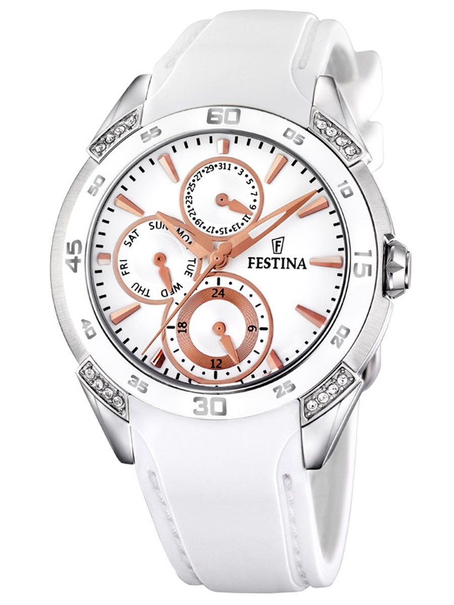 Festina F16394.3 - женские наручные часы из коллекции Multifunction Festina F16394.3 - женские наручные часы из коллекции MultifunctionFestina<br><br><br>Бренд: Festina<br>Модель: Festina F16394/3<br>Артикул: F16394.3<br>Вариант артикула: None<br>Коллекция: Multifunction<br>Подколлекция: None<br>Страна: Испания<br>Пол: женские<br>Тип механизма: кварцевые<br>Механизм: None<br>Количество камней: None<br>Автоподзавод: None<br>Источник энергии: от батарейки<br>Срок службы элемента питания: None<br>Дисплей: стрелки<br>Цифры: отсутствуют<br>Водозащита: WR 30<br>Противоударные: None<br>Материал корпуса: нерж. сталь<br>Материал браслета: каучук<br>Материал безеля: None<br>Стекло: минеральное<br>Антибликовое покрытие: None<br>Цвет корпуса: None<br>Цвет браслета: None<br>Цвет циферблата: None<br>Цвет безеля: None<br>Размеры: None<br>Диаметр: None<br>Диаметр корпуса: None<br>Толщина: None<br>Ширина ремешка: None<br>Вес: None<br>Спорт-функции: None<br>Подсветка: None<br>Вставка: кристаллы Swarovski<br>Отображение даты: число, день недели<br>Хронограф: None<br>Таймер: None<br>Термометр: None<br>Хронометр: None<br>GPS: None<br>Радиосинхронизация: None<br>Барометр: None<br>Скелетон: None<br>Дополнительная информация: None<br>Дополнительные функции: второй часовой пояс