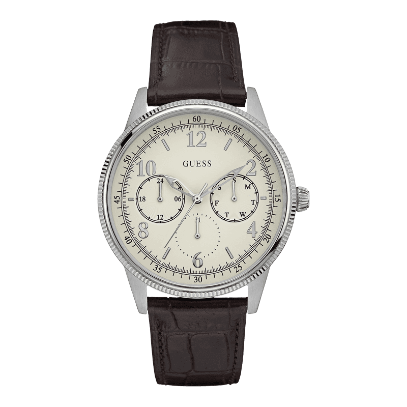 GUESS W0863G1 - мужские наручные часы из коллекции Iconic GUESS W0863G1 - мужские наручные часы из коллекции IconicGUESS<br><br><br>Бренд: GUESS<br>Модель: GUESS W0863G1<br>Артикул: W0863G1<br>Вариант артикула: None<br>Коллекция: Iconic<br>Подколлекция: None<br>Страна: США<br>Пол: мужские<br>Тип механизма: кварцевые<br>Механизм: None<br>Количество камней: None<br>Автоподзавод: None<br>Источник энергии: от батарейки<br>Срок службы элемента питания: None<br>Дисплей: стрелки<br>Цифры: арабские<br>Водозащита: WR 50<br>Противоударные: None<br>Материал корпуса: нерж. сталь<br>Материал браслета: кожа<br>Материал безеля: None<br>Стекло: минеральное<br>Антибликовое покрытие: None<br>Цвет корпуса: серебро<br>Цвет браслета: коричневый<br>Цвет циферблата: белый<br>Цвет безеля: None<br>Размеры: 44x11 мм<br>Диаметр: None<br>Диаметр корпуса: None<br>Толщина: None<br>Ширина ремешка: None<br>Вес: None<br>Спорт-функции: None<br>Подсветка: None<br>Вставка: None<br>Отображение даты: число, день недели<br>Хронограф: None<br>Таймер: None<br>Термометр: None<br>Хронометр: None<br>GPS: None<br>Радиосинхронизация: None<br>Барометр: None<br>Скелетон: None<br>Дополнительная информация: None<br>Дополнительные функции: None