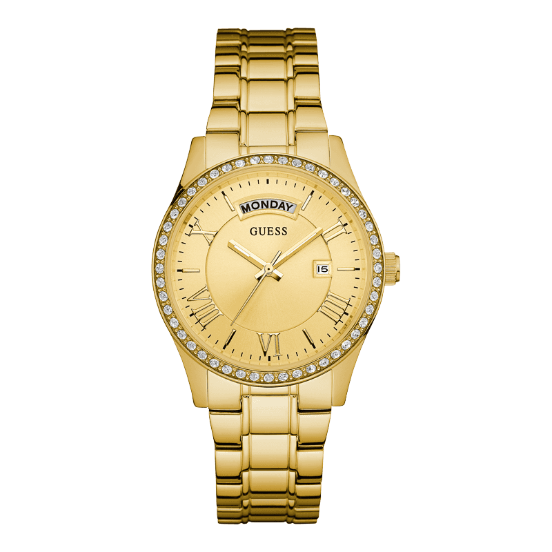 GUESS W0764L2 - женские наручные часы из коллекции Iconic GUESS W0764L2 - женские наручные часы из коллекции IconicGUESS<br><br><br>Бренд: GUESS<br>Модель: GUESS W0764L2<br>Артикул: W0764L2<br>Вариант артикула: None<br>Коллекция: Iconic<br>Подколлекция: None<br>Страна: США<br>Пол: женские<br>Тип механизма: кварцевые<br>Механизм: None<br>Количество камней: None<br>Автоподзавод: None<br>Источник энергии: от батарейки<br>Срок службы элемента питания: None<br>Дисплей: стрелки<br>Цифры: римские<br>Водозащита: WR 50<br>Противоударные: None<br>Материал корпуса: нерж. сталь, полное покрытие корпуса<br>Материал браслета: нерж. сталь, полное дополнительное покрытие<br>Материал безеля: None<br>Стекло: минеральное<br>Антибликовое покрытие: None<br>Цвет корпуса: золото<br>Цвет браслета: золото<br>Цвет циферблата: золото<br>Цвет безеля: None<br>Размеры: 38x10 мм<br>Диаметр: None<br>Диаметр корпуса: None<br>Толщина: None<br>Ширина ремешка: None<br>Вес: None<br>Спорт-функции: None<br>Подсветка: стрелок<br>Вставка: None<br>Отображение даты: число, день недели<br>Хронограф: None<br>Таймер: None<br>Термометр: None<br>Хронометр: None<br>GPS: None<br>Радиосинхронизация: None<br>Барометр: None<br>Скелетон: None<br>Дополнительная информация: None<br>Дополнительные функции: None