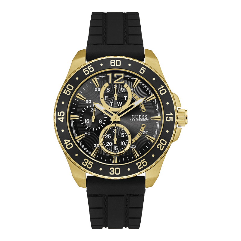GUESS W0798G3 - мужские наручные часы из коллекции ROMANTIC REBEL GUESS W0798G3 - мужские наручные часы из коллекции ROMANTIC REBELGUESS<br><br><br>Бренд: GUESS<br>Модель: GUESS W0798G3<br>Артикул: W0798G3<br>Вариант артикула: None<br>Коллекция: ROMANTIC REBEL<br>Подколлекция: None<br>Страна: США<br>Пол: мужские<br>Тип механизма: кварцевые<br>Механизм: None<br>Количество камней: None<br>Автоподзавод: None<br>Источник энергии: от батарейки<br>Срок службы элемента питания: None<br>Дисплей: стрелки<br>Цифры: арабские<br>Водозащита: WR 100<br>Противоударные: None<br>Материал корпуса: нерж. сталь, полное покрытие корпуса<br>Материал браслета: силикон<br>Материал безеля: None<br>Стекло: минеральное<br>Антибликовое покрытие: None<br>Цвет корпуса: золото<br>Цвет браслета: черный<br>Цвет циферблата: черный<br>Цвет безеля: None<br>Размеры: 46x13 мм<br>Диаметр: None<br>Диаметр корпуса: None<br>Толщина: None<br>Ширина ремешка: None<br>Вес: None<br>Спорт-функции: None<br>Подсветка: стрелок<br>Вставка: None<br>Отображение даты: число, день недели<br>Хронограф: None<br>Таймер: None<br>Термометр: None<br>Хронометр: None<br>GPS: None<br>Радиосинхронизация: None<br>Барометр: None<br>Скелетон: None<br>Дополнительная информация: None<br>Дополнительные функции: None