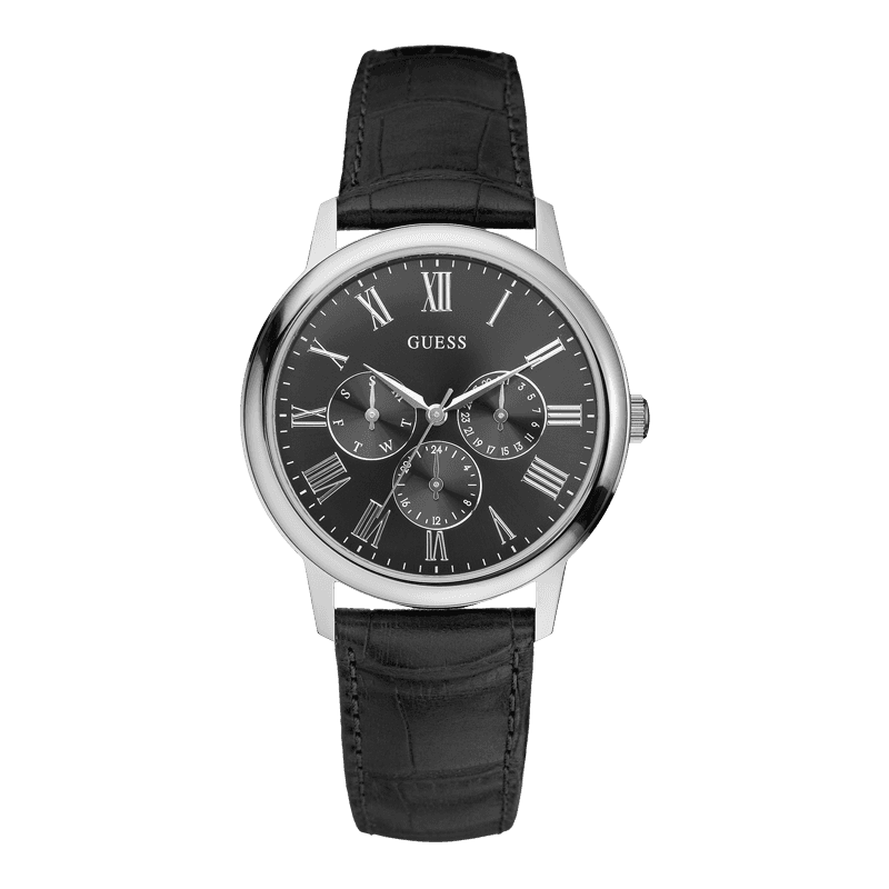 GUESS W70016G1 - мужские наручные часы из коллекции Iconic GUESS W70016G1 - мужские наручные часы из коллекции IconicGUESS<br><br><br>Бренд: GUESS<br>Модель: GUESS W70016G1<br>Артикул: W70016G1<br>Вариант артикула: None<br>Коллекция: Iconic<br>Подколлекция: None<br>Страна: США<br>Пол: мужские<br>Тип механизма: кварцевые<br>Механизм: Miyota<br>Количество камней: None<br>Автоподзавод: None<br>Источник энергии: от батарейки<br>Срок службы элемента питания: None<br>Дисплей: стрелки<br>Цифры: римские<br>Водозащита: WR 30<br>Противоударные: None<br>Материал корпуса: нерж. сталь<br>Материал браслета: кожа<br>Материал безеля: None<br>Стекло: минеральное<br>Антибликовое покрытие: None<br>Цвет корпуса: серебро<br>Цвет браслета: черный<br>Цвет циферблата: черный<br>Цвет безеля: None<br>Размеры: None<br>Диаметр: None<br>Диаметр корпуса: None<br>Толщина: None<br>Ширина ремешка: None<br>Вес: None<br>Спорт-функции: None<br>Подсветка: None<br>Вставка: None<br>Отображение даты: число, день недели<br>Хронограф: None<br>Таймер: None<br>Термометр: None<br>Хронометр: None<br>GPS: None<br>Радиосинхронизация: None<br>Барометр: None<br>Скелетон: None<br>Дополнительная информация: None<br>Дополнительные функции: None
