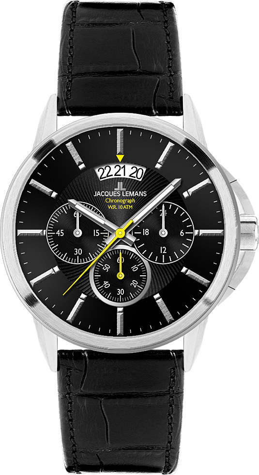 Jacques Lemans 1-1542A - мужские наручные часы из коллекции Sydney Jacques Lemans 1-1542A - мужские наручные часы из коллекции SydneyJacques Lemans<br><br><br>Бренд: Jacques Lemans<br>Модель: Jacques Lemans 1-1542A<br>Артикул: 1-1542A<br>Вариант артикула: None<br>Коллекция: Sydney<br>Подколлекция: None<br>Страна: Австрия<br>Пол: мужские<br>Тип механизма: кварцевые<br>Механизм: None<br>Количество камней: None<br>Автоподзавод: None<br>Источник энергии: от батарейки<br>Срок службы элемента питания: None<br>Дисплей: стрелки<br>Цифры: отсутствуют<br>Водозащита: WR 10<br>Противоударные: None<br>Материал корпуса: нерж. сталь<br>Материал браслета: кожа<br>Материал безеля: None<br>Стекло: Crystex<br>Антибликовое покрытие: None<br>Цвет корпуса: None<br>Цвет браслета: None<br>Цвет циферблата: None<br>Цвет безеля: None<br>Размеры: 42x42 мм<br>Диаметр: None<br>Диаметр корпуса: None<br>Толщина: None<br>Ширина ремешка: None<br>Вес: None<br>Спорт-функции: секундомер<br>Подсветка: стрелок<br>Вставка: None<br>Отображение даты: число<br>Хронограф: есть<br>Таймер: None<br>Термометр: None<br>Хронометр: None<br>GPS: None<br>Радиосинхронизация: None<br>Барометр: None<br>Скелетон: None<br>Дополнительная информация: None<br>Дополнительные функции: None