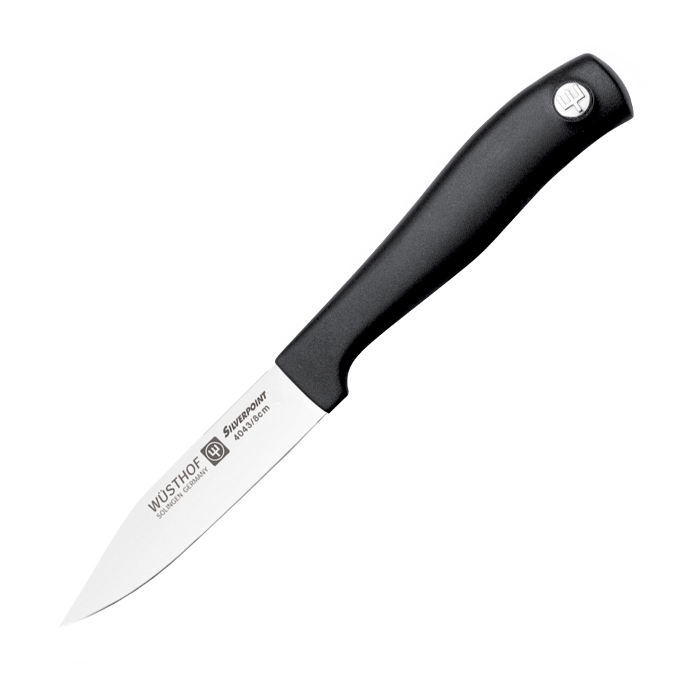 Нож кухонный овощной 8 см WUSTHOF Silverpoint (Золинген) арт. 4043 Нож кухонный овощной 8 см WUSTHOF Silverpoint (Золинген) арт. 4043Кухонные ножи WUSTHOF Silverpoint<br>Нож кухонный овощной 8 см WUSTHOF Silverpoint (Золинген) арт. 4043<br> <br>Отличительные особенности<br>Что резать: подходит для нарезки овощей и фруктов.<br>Материал лезвия: сталь кованая, молибден-ванадиевая (X50 Cr Mo V 15) - отличается высочайшим уровнем прочности, обеспечивающимся наличием молибдена и ванадия в ее составе. Оптимальная для ножей твердость лезвия объясняется повышенным содержанием углерода в составе металла и особой технологией его термообработки. Сталь X50CrMoV15 благодаря наличию в ее составе хрома, отличается также повышенной стойкостью к коррозии.<br>Лезвия ножей из стали марки X50CrMoV15 долгое время не нуждаются в дополнительной заточке, они не темнеют и практически не подвержены окислению. Вне зависимости от интенсивности эксплуатации ножи сохраняют свой первозданный вид на протяжении всего срока их использования.<br>Материал рукоятки: полипропилен - представляет собой пластический материал, который устойчив к сгибанию и ударам, отличается стойкостью к износу, обладает в условиях разных температур положительными электроизоляционными свойствами. Полипропилен незначительно подвергается воздействию щелочей, а также растворов солей и кислот даже при высокой температуре, не изменяют его структуры и минеральные и растительные масла.<br>Этот материал может растворяться исключительно в ароматических и хлорированных углеводородах, при этом температура последних должна быть довольно высокой. Полипропилен легко хлорируется, его можно кристаллизовать и смешивать с красителями. Изделия из этого материала можно стерилизовать паром — это не повлечет за собой их деформацию или изменение механических свойств.<br>Кому подойдет: хорошее соотношение цена-качество, отлично подойдет как для домашнего использования, так и для профессиональных поваров.<br>Описание<br>Невероятно острые ножи от ведущего немецкого производителя. Клинки серии Silverpoint затачиваются вручную, а качество их изготовления проверяется при помощи лазерных технологий. В основе каждого из этих ножей — высококачественная нержавеющая сталь исключительной твёрдости. Конструкция «фулл-тангл» гарантирует клинкам длительный срок использования, а режущая кромка каждого лезвия дополнительно тестируется на отсутствие дефектов.<br>В коллекции Silverpoint немецкая марка Wuesthof представляет ножи современного дизайна с эргономичной, нескользящей ручкой. Это — надёжные, качественные и, что немаловажно, недорогие инструменты для ежедневного использования. Производитель даёт гарантию на свою продукцию, а их подлинность подтверждается фирменной гравировкой на лезвии.<br>