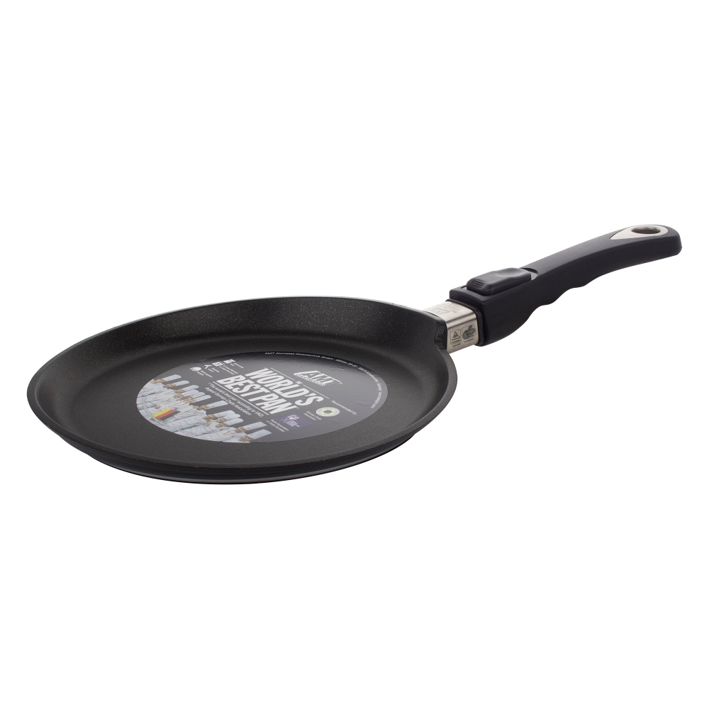 Сковорода для блинов 24 см съемная ручка AMT Frying Pans арт. AMT124 Сковорода для блинов 24 см съемная ручка AMT Frying Pans арт. AMT124Блинницы<br>Сковорода для блинов 24 см съемная ручка AMT Frying Pans арт. AMT124<br> <br>высота (см): 1.0диаметр (см): 24.0толщина дна (см): 1крышка: нетматериал: алюминийпокрытие: антипригарноепредметов в наборе (штук): 1ручки: съемныестрана: Германиятип варочной поверхности: все типы поверхностей, кроме индукционной<br>Сковороды серии Diamond Crystal изготовлены из высокопрочного материала по специальной технологии с использованием алмазных кристаллов. Плюсом новой технологии является отсутствие в составе покрытия перфтороктановой кислоты, что делает продукцию компании AMT абсолютно безопасной для здоровья человека.<br>Серия Diamond Crystal обладают высокой стойкостью покрытия. Такие качества, как надежность, термостойкость и долговечность посуды Diamond Crystal достигается благодаря использованию алмазных кристаллов, природные свойства которых позволяют мгновенно распределять тепло. Процесс приготовления вкусной и здоровой пищи становится более простым и приятным.<br>Сковороды Diamond Crystal подходят практически для всех видов плит. Они оснащены съемной жаропрочной ручкой, благодаря чему изделия можно использовать в духовке при температуре до 210°С. Таким образом сковороды пригодны не только для жарки, но и для тушения и запекания.<br>