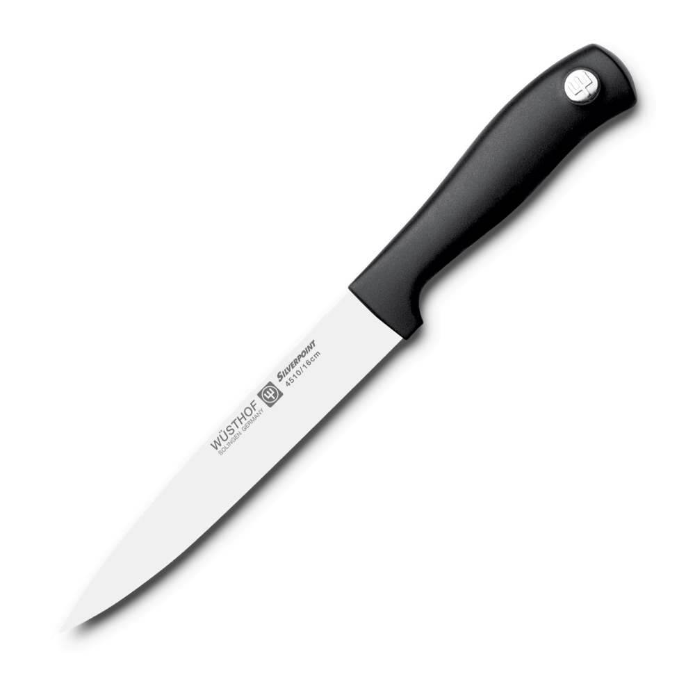 Нож кухонный универсальный 16 см WUSTHOF Silverpoint (Золинген) арт. 4510/16 Нож кухонный универсальный 16 см WUSTHOF Silverpoint (Золинген) арт. 4510/16Кухонные ножи WUSTHOF Silverpoint<br>Нож кухонный универсальный 16 см WUSTHOF Silverpoint (Золинген) арт. 4510/16<br> <br>Отличительные особенности<br>Что резать: подходит для нарезки не больших кусков мяса и рыбы, а также сыра, овощей и фруктов.<br>Материал лезвия: сталь кованая, молибден-ванадиевая (X50 Cr Mo V 15) - отличается высочайшим уровнем прочности, обеспечивающимся наличием молибдена и ванадия в ее составе. Оптимальная для ножей твердость лезвия объясняется повышенным содержанием углерода в составе металла и особой технологией его термообработки. Сталь X50CrMoV15 благодаря наличию в ее составе хрома, отличается также повышенной стойкостью к коррозии.<br>Лезвия ножей из стали марки X50CrMoV15 долгое время не нуждаются в дополнительной заточке, они не темнеют и практически не подвержены окислению. Вне зависимости от интенсивности эксплуатации ножи сохраняют свой первозданный вид на протяжении всего срока их использования.<br>Материал рукоятки: полипропилен - представляет собой пластический материал, который устойчив к сгибанию и ударам, отличается стойкостью к износу, обладает в условиях разных температур положительными электроизоляционными свойствами. Полипропилен незначительно подвергается воздействию щелочей, а также растворов солей и кислот даже при высокой температуре, не изменяют его структуры и минеральные и растительные масла.<br>Этот материал может растворяться исключительно в ароматических и хлорированных углеводородах, при этом температура последних должна быть довольно высокой. Полипропилен легко хлорируется, его можно кристаллизовать и смешивать с красителями. Изделия из этого материала можно стерилизовать паром — это не повлечет за собой их деформацию или изменение механических свойств.<br>Кому подойдет: хорошее соотношение цена-качество, отлично подойдет как для домашнего использования, так и для профессиональных поваров.<br>Описание<br>Невероятно острые ножи от ведущего немецкого производителя. Клинки серии Silverpoint затачиваются вручную, а качество их изготовления проверяется при помощи лазерных технологий. В основе каждого из этих ножей — высококачественная нержавеющая сталь исключительной твёрдости. Конструкция «фулл-тангл» гарантирует клинкам длительный срок использования, а режущая кромка каждого лезвия дополнительно тестируется на отсутствие дефектов.<br>В коллекции Silverpoint немецкая марка Wuesthof представляет ножи современного дизайна с эргономичной, нескользящей ручкой. Это — надёжные, качественные и, что немаловажно, недорогие инструменты для ежедневного использования. Производитель даёт гарантию на свою продукцию, а их подлинность подтверждается фирменной гравировкой на лезвии.<br>