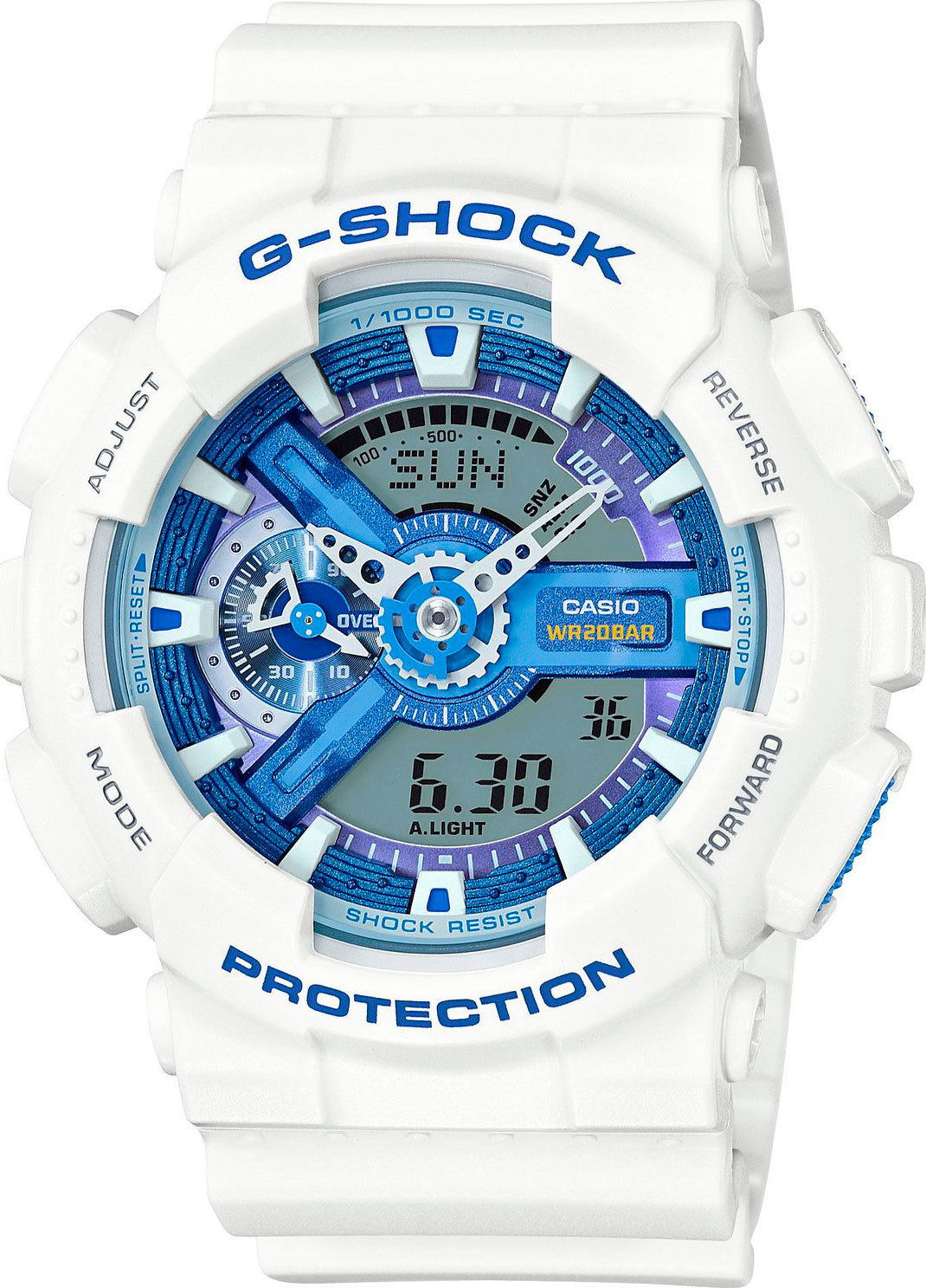 Casio G-SHOCK GA-110WB-7A / GA-110WB-7AER - мужские наручные часы Casio G-SHOCK GA-110WB-7A / GA-110WB-7AER - мужские наручные часыCasio<br><br><br>Бренд: Casio<br>Модель: Casio GA-110WB-7A<br>Артикул: GA-110WB-7A<br>Вариант артикула: GA-110WB-7AER<br>Коллекция: G-SHOCK<br>Подколлекция: None<br>Страна: Япония<br>Пол: мужские<br>Тип механизма: кварцевые<br>Механизм: None<br>Количество камней: None<br>Автоподзавод: None<br>Источник энергии: от батарейки<br>Срок службы элемента питания: None<br>Дисплей: стрелки + цифры<br>Цифры: отсутствуют<br>Водозащита: WR 200<br>Противоударные: None<br>Материал корпуса: пластик<br>Материал браслета: пластик<br>Материал безеля: None<br>Стекло: минеральное<br>Антибликовое покрытие: None<br>Цвет корпуса: None<br>Цвет браслета: None<br>Цвет циферблата: None<br>Цвет безеля: None<br>Размеры: 51.2x55x16.9 мм<br>Диаметр: None<br>Диаметр корпуса: None<br>Толщина: None<br>Ширина ремешка: None<br>Вес: 72 г<br>Спорт-функции: секундомер, таймер обратного отсчета<br>Подсветка: дисплея, стрелок<br>Вставка: None<br>Отображение даты: вечный календарь, число, месяц, день недели<br>Хронограф: None<br>Таймер: None<br>Термометр: None<br>Хронометр: None<br>GPS: None<br>Радиосинхронизация: None<br>Барометр: None<br>Скелетон: None<br>Дополнительная информация: ежечасный сигнал, повтор сигнала будильника, защита от магнитных полей; элемент питания CR1220<br>Дополнительные функции: второй часовой пояс, будильник (количество установок: 5)