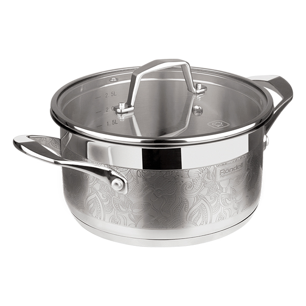 Кастрюля Rondell Fancy 20 см (2.5л) RDS-397 Кастрюля Rondell Fancy 20 см (2.5л) RDS-397Кастрюли Rondell<br>Кастрюля Rondell Fancy 20 см (2.5л) RDS-397<br> <br>Диаметр: 20 см. Объем: 2.5 л.<br>Высококачественная нержавеющая сталь 18/10. Толщина стенок 0.7 мм. Тройное вштампованное, а затем вплавленное дно 6.2 мм. Изысканный дизайн, выполненный по технологии глубокого травления. Отметки литража на внутренней поверхности посуды. Крышка из термостойкого стекла с отверстием для выпуска пара. Ручки из нержавеющей стали с силиконовыми вставками. Клепочное крепление аксессуаров. Упаковка - подарочная коробка. Буклет с рецептами. Подходит для всех видов плит, включая индукционные.Не подходит для использования в посудомоечных машинах.<br>