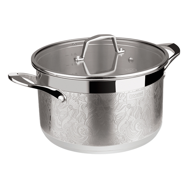 Кастрюля Rondell Fancy 24 см (5.5л) RDS-398 Кастрюля Rondell Fancy 24 см (5.5л) RDS-398Кастрюли Rondell<br>Кастрюля Rondell Fancy 24 см (5.5л) RDS-398<br> <br>Диаметр: 24 см. Объем: 5.5 л.<br>Высококачественная нержавеющая сталь 18/10. Толщина стенок 0.7 мм. Тройное вштампованное, а затем вплавленное дно 6.2 мм. Изысканный дизайн, выполненный по технологии глубокого травления. Отметки литража на внутренней поверхности посуды. Крышка из термостойкого стекла с отверстием для выпуска пара. Ручки из нержавеющей стали с силиконовыми вставками. Клепочное крепление аксессуаров. Упаковка - подарочная коробка. Буклет с рецептами. Подходит для всех видов плит, включая индукционные. Не подходит для использования в посудомоечных машинах.<br>