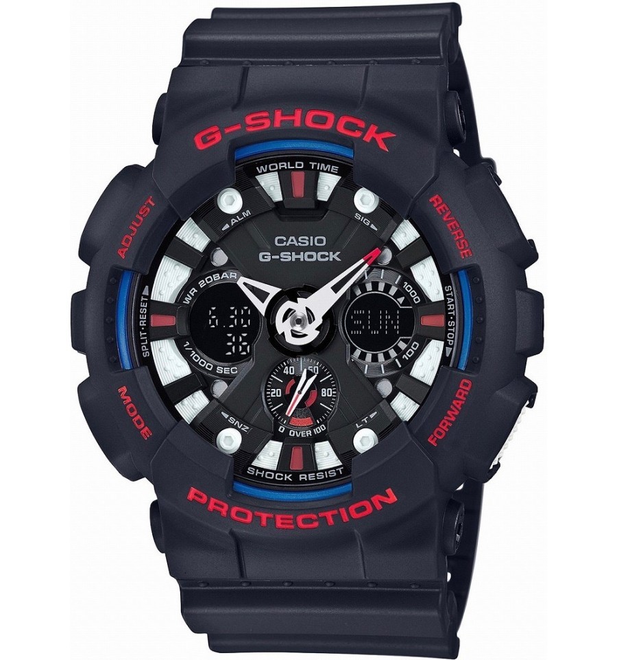 Casio G-SHOCK GA-120TR-1A / GA-120TR-1AER - мужские наручные часы Casio G-SHOCK GA-120TR-1A / GA-120TR-1AER - мужские наручные часыCasio<br><br><br>Бренд: Casio<br>Модель: Casio GA-120TR-1A<br>Артикул: GA-120TR-1A<br>Вариант артикула: GA-120TR-1AER<br>Коллекция: G-SHOCK<br>Подколлекция: None<br>Страна: Япония<br>Пол: мужские<br>Тип механизма: кварцевые<br>Механизм: None<br>Количество камней: None<br>Автоподзавод: None<br>Источник энергии: от батарейки<br>Срок службы элемента питания: None<br>Дисплей: стрелки + цифры<br>Цифры: отсутствуют<br>Водозащита: WR 200<br>Противоударные: есть<br>Материал корпуса: пластик<br>Материал браслета: каучук<br>Материал безеля: None<br>Стекло: минеральное<br>Антибликовое покрытие: None<br>Цвет корпуса: None<br>Цвет браслета: None<br>Цвет циферблата: None<br>Цвет безеля: None<br>Размеры: 51.2x55x16.9 мм<br>Диаметр: None<br>Диаметр корпуса: None<br>Толщина: None<br>Ширина ремешка: None<br>Вес: 73 г<br>Спорт-функции: секундомер, таймер обратного отсчета<br>Подсветка: дисплея, стрелок<br>Вставка: None<br>Отображение даты: вечный календарь, число, месяц, день недели<br>Хронограф: None<br>Таймер: None<br>Термометр: None<br>Хронометр: None<br>GPS: None<br>Радиосинхронизация: None<br>Барометр: None<br>Скелетон: None<br>Дополнительная информация: функция антимагнит, автоподсветка, ежечасный сигнал, повтор сигнала будильника, элемент питания CR1220, срок службы батарейки 3 года<br>Дополнительные функции: второй часовой пояс, будильник (количество установок: 5)