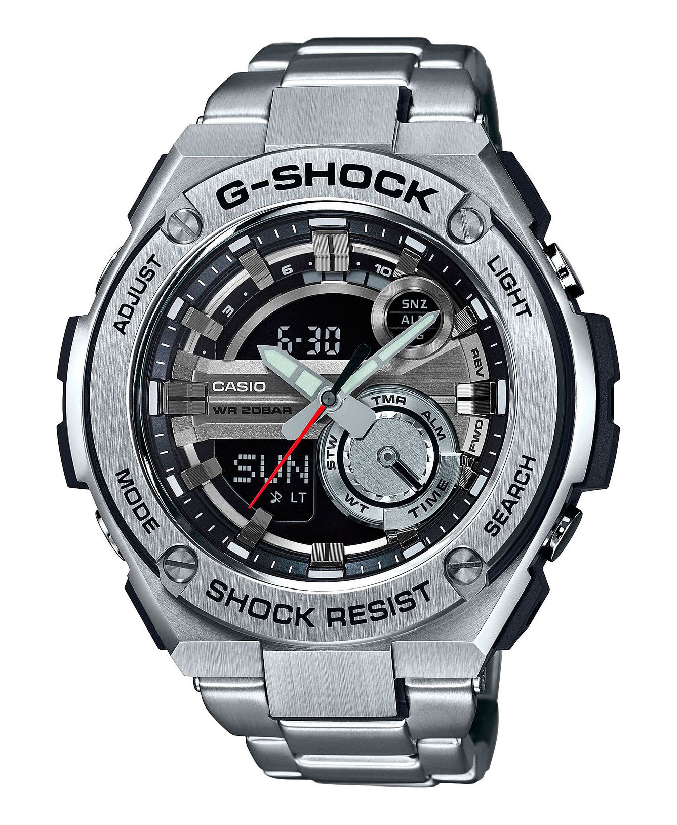 Casio G-SHOCK GST-210D-1A / GST-210D-1AER - мужские наручные часы Casio G-SHOCK GST-210D-1A / GST-210D-1AER - мужские наручные часыCasio<br><br><br>Бренд: Casio<br>Модель: Casio GST-210D-1A<br>Артикул: GST-210D-1A<br>Вариант артикула: GST-210D-1AER<br>Коллекция: G-SHOCK<br>Подколлекция: None<br>Страна: Япония<br>Пол: мужские<br>Тип механизма: кварцевые<br>Механизм: None<br>Количество камней: None<br>Автоподзавод: None<br>Источник энергии: от батарейки<br>Срок службы элемента питания: None<br>Дисплей: стрелки + цифры<br>Цифры: None<br>Водозащита: WR 200<br>Противоударные: есть<br>Материал корпуса: нерж. сталь + пластик<br>Материал браслета: нерж. сталь<br>Материал безеля: None<br>Стекло: минеральное<br>Антибликовое покрытие: None<br>Цвет корпуса: None<br>Цвет браслета: None<br>Цвет циферблата: None<br>Цвет безеля: None<br>Размеры: 52.4x59.1x16.1 мм<br>Диаметр: None<br>Диаметр корпуса: None<br>Толщина: None<br>Ширина ремешка: None<br>Вес: 195 г<br>Спорт-функции: секундомер, таймер обратного отсчета<br>Подсветка: дисплея, стрелок<br>Вставка: None<br>Отображение даты: вечный календарь, число, месяц, день недели<br>Хронограф: None<br>Таймер: None<br>Термометр: None<br>Хронометр: None<br>GPS: None<br>Радиосинхронизация: None<br>Барометр: None<br>Скелетон: None<br>Дополнительная информация: None<br>Дополнительные функции: второй часовой пояс, будильник (количество установок: 5)