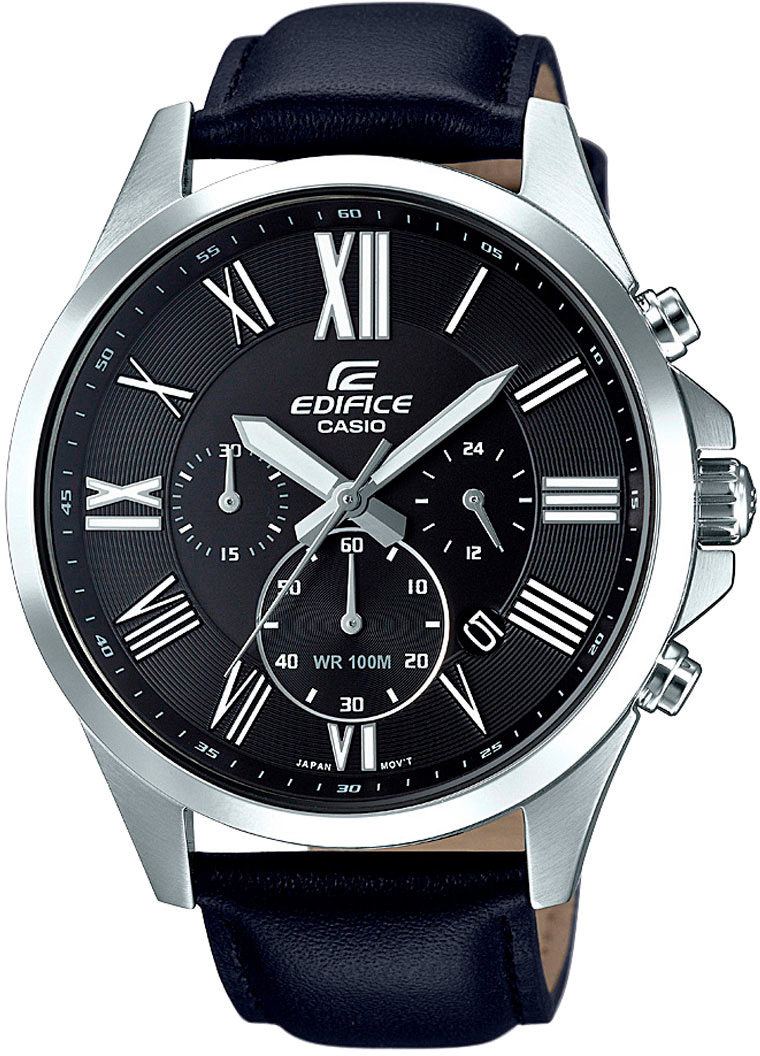 Casio Edifice EFV-500L-1A / EFV-500L-1AER - мужские наручные часы Casio Edifice EFV-500L-1A / EFV-500L-1AER - мужские наручные часыCasio<br><br><br>Бренд: Casio<br>Модель: Casio EFV-500L-1A<br>Артикул: EFV-500L-1A<br>Вариант артикула: EFV-500L-1AER<br>Коллекция: Edifice<br>Подколлекция: None<br>Страна: Япония<br>Пол: мужские<br>Тип механизма: кварцевые<br>Механизм: None<br>Количество камней: None<br>Автоподзавод: None<br>Источник энергии: от батарейки<br>Срок службы элемента питания: None<br>Дисплей: стрелки<br>Цифры: римские<br>Водозащита: WR 100<br>Противоударные: None<br>Материал корпуса: нерж. сталь<br>Материал браслета: кожа<br>Материал безеля: None<br>Стекло: минеральное<br>Антибликовое покрытие: None<br>Цвет корпуса: None<br>Цвет браслета: None<br>Цвет циферблата: None<br>Цвет безеля: None<br>Размеры: 47.2x54x12.1 мм<br>Диаметр: None<br>Диаметр корпуса: None<br>Толщина: None<br>Ширина ремешка: None<br>Вес: 80 г<br>Спорт-функции: секундомер<br>Подсветка: стрелок<br>Вставка: None<br>Отображение даты: число<br>Хронограф: есть<br>Таймер: None<br>Термометр: None<br>Хронометр: None<br>GPS: None<br>Радиосинхронизация: None<br>Барометр: None<br>Скелетон: None<br>Дополнительная информация: элемент питания SR920SW<br>Дополнительные функции: None