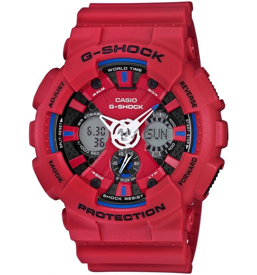 Casio G-SHOCK GA-120TR-4A / GA-120TR-4AER - мужские наручные часы Casio G-SHOCK GA-120TR-4A / GA-120TR-4AER - мужские наручные часыCasio<br><br><br>Бренд: Casio<br>Модель: Casio GA-120TR-4A<br>Артикул: GA-120TR-4A<br>Вариант артикула: GA-120TR-4AER<br>Коллекция: G-SHOCK<br>Подколлекция: None<br>Страна: Япония<br>Пол: мужские<br>Тип механизма: кварцевые<br>Механизм: None<br>Количество камней: None<br>Автоподзавод: None<br>Источник энергии: от батарейки<br>Срок службы элемента питания: None<br>Дисплей: стрелки + цифры<br>Цифры: отсутствуют<br>Водозащита: WR 200<br>Противоударные: есть<br>Материал корпуса: пластик<br>Материал браслета: каучук<br>Материал безеля: None<br>Стекло: минеральное<br>Антибликовое покрытие: None<br>Цвет корпуса: None<br>Цвет браслета: None<br>Цвет циферблата: None<br>Цвет безеля: None<br>Размеры: 51.2x55x16.9 мм<br>Диаметр: None<br>Диаметр корпуса: None<br>Толщина: None<br>Ширина ремешка: None<br>Вес: 73 г<br>Спорт-функции: секундомер, таймер обратного отсчета<br>Подсветка: дисплея, стрелок<br>Вставка: None<br>Отображение даты: вечный календарь, число, месяц, день недели<br>Хронограф: None<br>Таймер: None<br>Термометр: None<br>Хронометр: None<br>GPS: None<br>Радиосинхронизация: None<br>Барометр: None<br>Скелетон: None<br>Дополнительная информация: функция антимагнит, автоподсветка, ежечасный сигнал, повтор сигнала будильника, элемент питания CR1220, срок службы батарейки 3 года<br>Дополнительные функции: второй часовой пояс, будильник (количество установок: 5)