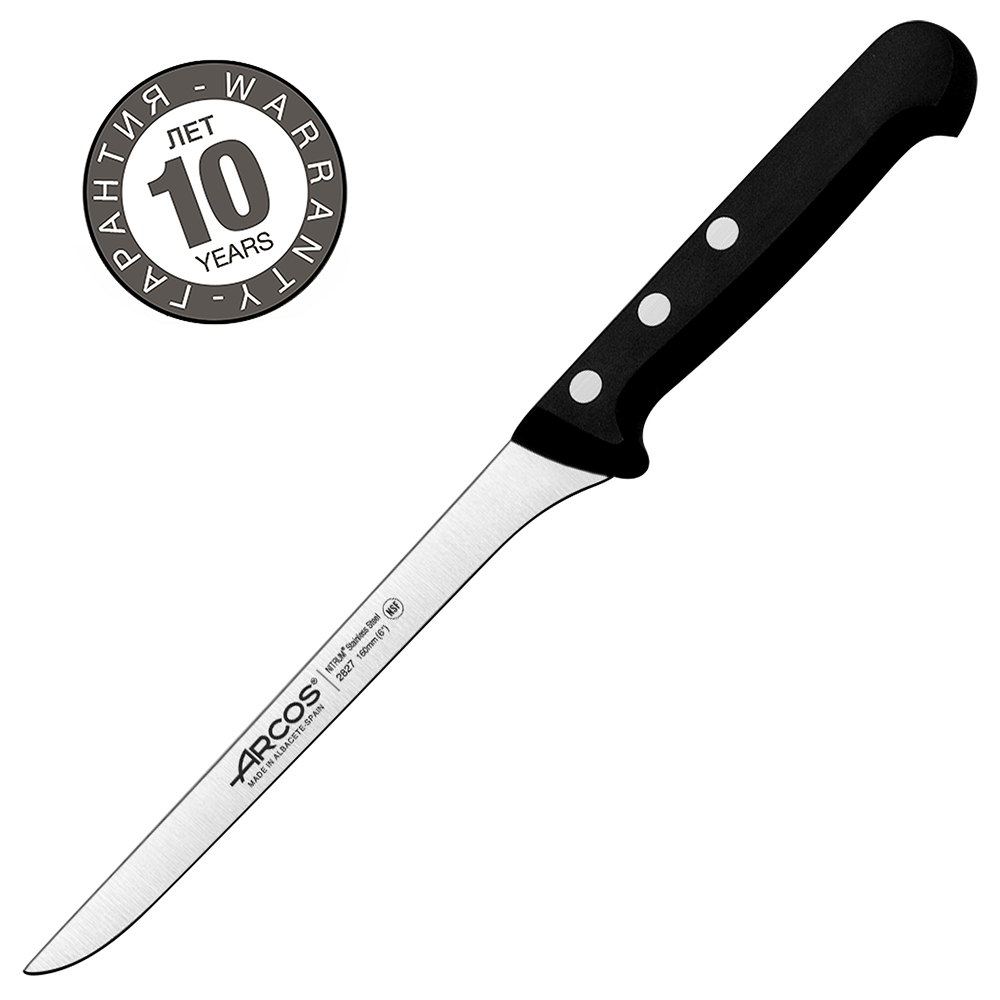 Нож кухонный обвалочный 16 см ARCOS Universal арт. 2827-B Нож кухонный обвалочный 16 см ARCOS Universal арт. 2827-BArcos (Испания)<br>Нож кухонный обвалочный 16 см ARCOS Universal арт. 2827-B<br> <br>Классический дизайн, привычный цвет, оптимальные, формы, прочные и долговечные лезвия, изготовленные из высококачественной нержавеющей стали NITRUM®, удобные рукоятки с полиоксиметиленовыми накладками — все это блестяще воплощено в кухонных ножах серии Universal.<br>Официальный продавец ARCOS<br>