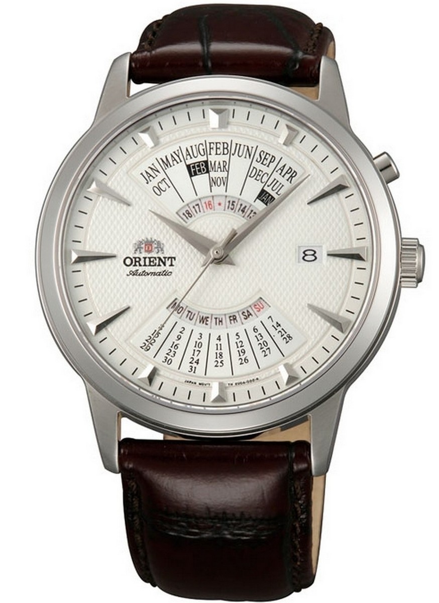 Orient EU0A005W / FEU0A005WH - мужские наручные часы Orient EU0A005W / FEU0A005WH - мужские наручные часыORIENT<br><br><br>Бренд: ORIENT<br>Модель: ORIENT EU0A005W<br>Артикул: EU0A005W<br>Вариант артикула: FEU0A005WH<br>Коллекция: None<br>Подколлекция: None<br>Страна: Япония<br>Пол: мужские<br>Тип механизма: механические<br>Механизм: (EU)46D40<br>Количество камней: 21<br>Автоподзавод: есть<br>Источник энергии: пружинный механизм<br>Срок службы элемента питания: None<br>Дисплей: стрелки<br>Цифры: отсутствуют<br>Водозащита: WR 50<br>Противоударные: None<br>Материал корпуса: нерж. сталь<br>Материал браслета: кожа<br>Материал безеля: None<br>Стекло: минеральное<br>Антибликовое покрытие: None<br>Цвет корпуса: None<br>Цвет браслета: None<br>Цвет циферблата: None<br>Цвет безеля: None<br>Размеры: 42x11.3 мм<br>Диаметр: None<br>Диаметр корпуса: None<br>Толщина: None<br>Ширина ремешка: None<br>Вес: 70 г<br>Спорт-функции: None<br>Подсветка: None<br>Вставка: None<br>Отображение даты: число, месяц, год, день недели<br>Хронограф: None<br>Таймер: None<br>Термометр: None<br>Хронометр: None<br>GPS: None<br>Радиосинхронизация: None<br>Барометр: None<br>Скелетон: None<br>Дополнительная информация: календарь до 2031 года<br>Дополнительные функции: None