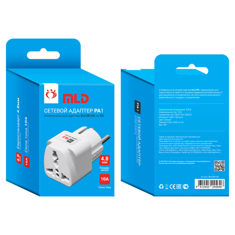 Сетевой адаптер MLD-PA1-03 (10A, EU/UK/US на EU, заземление) белый MLD