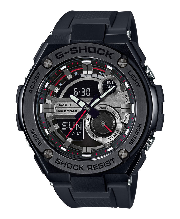 Casio G-SHOCK GST-210B-1A / GST-210B-1AER - мужские наручные часы Casio G-SHOCK GST-210B-1A / GST-210B-1AER - мужские наручные часыCasio<br><br><br>Бренд: Casio<br>Модель: Casio GST-210B-1A<br>Артикул: GST-210B-1A<br>Вариант артикула: GST-210B-1AER<br>Коллекция: G-SHOCK<br>Подколлекция: None<br>Страна: Япония<br>Пол: мужские<br>Тип механизма: кварцевые<br>Механизм: None<br>Количество камней: None<br>Автоподзавод: None<br>Источник энергии: от батарейки<br>Срок службы элемента питания: None<br>Дисплей: стрелки + цифры<br>Цифры: None<br>Водозащита: WR 200<br>Противоударные: есть<br>Материал корпуса: нерж. сталь + пластик<br>Материал браслета: каучук<br>Материал безеля: None<br>Стекло: минеральное<br>Антибликовое покрытие: None<br>Цвет корпуса: None<br>Цвет браслета: None<br>Цвет циферблата: None<br>Цвет безеля: None<br>Размеры: 52.4x59.1x16.1 мм<br>Диаметр: None<br>Диаметр корпуса: None<br>Толщина: None<br>Ширина ремешка: None<br>Вес: 195 г<br>Спорт-функции: секундомер, таймер обратного отсчета<br>Подсветка: дисплея, стрелок<br>Вставка: None<br>Отображение даты: вечный календарь, число, месяц, день недели<br>Хронограф: None<br>Таймер: None<br>Термометр: None<br>Хронометр: None<br>GPS: None<br>Радиосинхронизация: None<br>Барометр: None<br>Скелетон: None<br>Дополнительная информация: None<br>Дополнительные функции: второй часовой пояс, будильник (количество установок: 5)