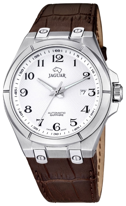 Jaguar J670_5 - мужские наручные часы Jaguar J670_5 - мужские наручные часыJaguar<br><br><br>Бренд: Jaguar<br>Модель: Jaguar J670_5<br>Артикул: J670_5<br>Вариант артикула: None<br>Коллекция: None<br>Подколлекция: None<br>Страна: Швейцария<br>Пол: мужские<br>Тип механизма: механические<br>Механизм: None<br>Количество камней: None<br>Автоподзавод: есть<br>Источник энергии: пружинный механизм<br>Срок службы элемента питания: None<br>Дисплей: стрелки<br>Цифры: арабские<br>Водозащита: WR 100<br>Противоударные: None<br>Материал корпуса: нерж. сталь<br>Материал браслета: кожа<br>Материал безеля: None<br>Стекло: сапфировое<br>Антибликовое покрытие: None<br>Цвет корпуса: None<br>Цвет браслета: None<br>Цвет циферблата: None<br>Цвет безеля: None<br>Размеры: 42x13 мм<br>Диаметр: None<br>Диаметр корпуса: None<br>Толщина: None<br>Ширина ремешка: None<br>Вес: None<br>Спорт-функции: None<br>Подсветка: стрелок<br>Вставка: None<br>Отображение даты: число<br>Хронограф: None<br>Таймер: None<br>Термометр: None<br>Хронометр: None<br>GPS: None<br>Радиосинхронизация: None<br>Барометр: None<br>Скелетон: None<br>Дополнительная информация: None<br>Дополнительные функции: None