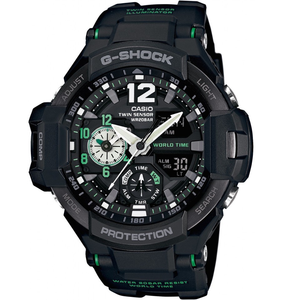 Casio G-SHOCK GA-1100-1A3 / Casio GA-1100-1A3ER - мужские наручные часы Casio G-SHOCK GA-1100-1A3 / Casio GA-1100-1A3ER - мужские наручные часыCasio<br>Новинка в линейке авиаторов! Мужские кварцевые часы Casio GA-1100-1A3 отличаются практически идеальной точностью, имея минимальную погрешность, составляющую всего +/- пятнадцать секунд в месяц. Фактически вечный календарь отображает число, месяц, а так же день недели. Модель великолепно подойдет для спортсменов, так как наделена такими функциями как секундомер, таймер обратного отсчета, термометр и компас. Подсветка дисплея и стрелок поможет рассмотреть время в темное время суток.<br><br>Бренд: Casio<br>Модель: Casio GA-1100-1A3<br>Артикул: GA-1100-1A3<br>Вариант артикула: Casio GA-1100-1A3ER<br>Коллекция: G-SHOCK<br>Подколлекция: None<br>Страна: Япония<br>Пол: мужские<br>Тип механизма: кварцевые<br>Механизм: None<br>Количество камней: None<br>Автоподзавод: None<br>Источник энергии: от батарейки<br>Срок службы элемента питания: None<br>Дисплей: стрелки + цифры<br>Цифры: арабские<br>Водозащита: WR 200<br>Противоударные: есть<br>Материал корпуса: нерж. сталь + пластик<br>Материал браслета: пластик<br>Материал безеля: None<br>Стекло: минеральное<br>Антибликовое покрытие: None<br>Цвет корпуса: None<br>Цвет браслета: None<br>Цвет циферблата: None<br>Цвет безеля: None<br>Размеры: None<br>Диаметр: None<br>Диаметр корпуса: None<br>Толщина: None<br>Ширина ремешка: None<br>Вес: 85 г<br>Спорт-функции: секундомер, таймер обратного отсчета, термометр, компас<br>Подсветка: дисплея, стрелок<br>Вставка: None<br>Отображение даты: вечный календарь, число, месяц, день недели<br>Хронограф: None<br>Таймер: None<br>Термометр: None<br>Хронометр: None<br>GPS: None<br>Радиосинхронизация: None<br>Барометр: None<br>Скелетон: None<br>Дополнительная информация: функция перемещения стрелок, ежечасный сигнал, функция включения/отключения звука кнопок, элемент питания SR927W ? 2, срок службы батарейки 2 года<br>Дополнительные функции: второй часовой пояс, будильник (количество установок: 5)