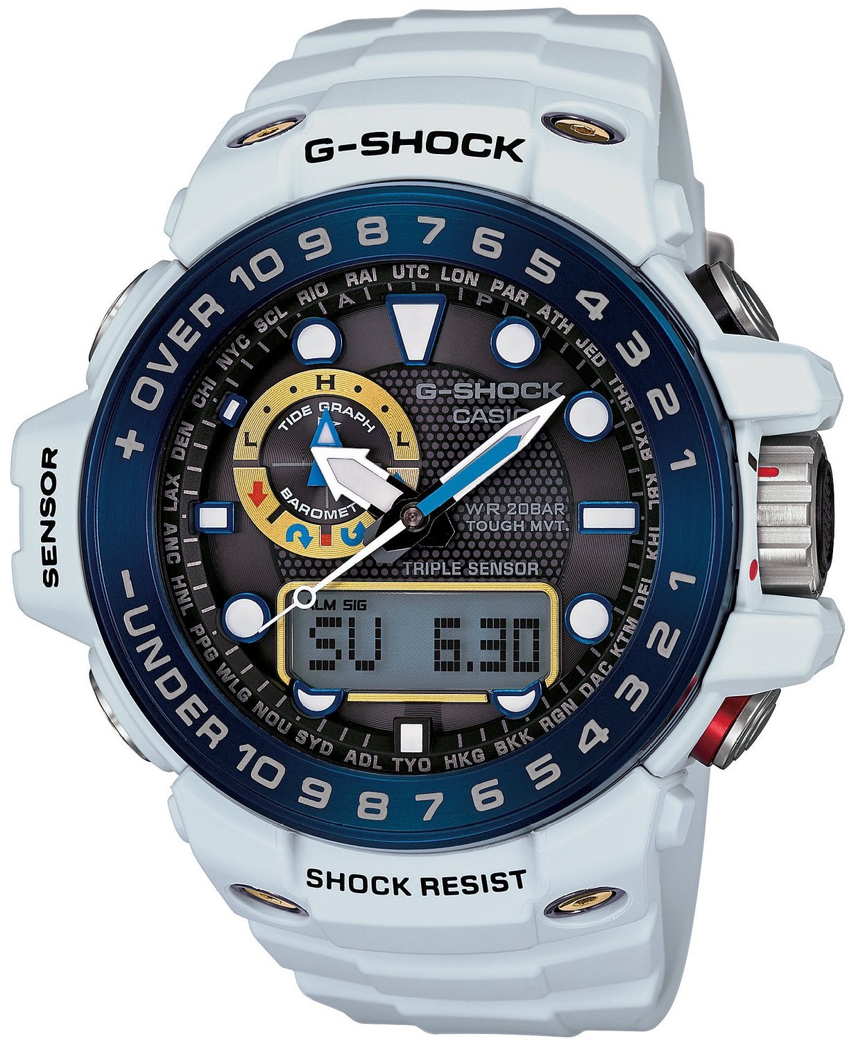 Casio G-SHOCK GWN-1000E-8A / GWN-1000E-8AER - мужские наручные часы Casio G-SHOCK GWN-1000E-8A / GWN-1000E-8AER - мужские наручные часыCasio<br><br><br>Бренд: Casio<br>Модель: Casio GWN-1000E-8A<br>Артикул: GWN-1000E-8A<br>Вариант артикула: GWN-1000E-8AER<br>Коллекция: G-SHOCK<br>Подколлекция: None<br>Страна: Япония<br>Пол: мужские<br>Тип механизма: кварцевые<br>Механизм: None<br>Количество камней: None<br>Автоподзавод: None<br>Источник энергии: от солнечной батареи<br>Срок службы элемента питания: None<br>Дисплей: стрелки + цифры<br>Цифры: отсутствуют<br>Водозащита: WR 200<br>Противоударные: есть<br>Материал корпуса: нерж. сталь + пластик<br>Материал браслета: пластик<br>Материал безеля: None<br>Стекло: минеральное<br>Антибликовое покрытие: None<br>Цвет корпуса: None<br>Цвет браслета: None<br>Цвет циферблата: None<br>Цвет безеля: None<br>Размеры: None<br>Диаметр: None<br>Диаметр корпуса: None<br>Толщина: None<br>Ширина ремешка: None<br>Вес: 101 г<br>Спорт-функции: секундомер, таймер обратного отсчета, высотомер, барометр, термометр, компас<br>Подсветка: дисплея, стрелок<br>Вставка: None<br>Отображение даты: вечный календарь, число, день недели<br>Хронограф: None<br>Таймер: None<br>Термометр: None<br>Хронометр: None<br>GPS: None<br>Радиосинхронизация: есть<br>Барометр: None<br>Скелетон: None<br>Дополнительная информация: отображение сведений о приливах и отливах, ежечасный сигнал, функция сохранения энергии, функция включения/отключения звука кнопок, функция перемещения стрелок, работоспособность в полной темноте до 6 месяцев в обычном режиме и до 23 месяцев в режиме сохранения энергии<br>Дополнительные функции: индикатор запаса хода, второй часовой пояс, указатель фаз Луны, будильник (количество установок: 5)
