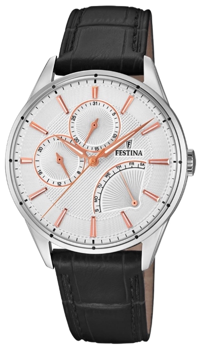 Festina F16974.1 - мужские наручные часы Festina F16974.1 - мужские наручные часыFestina<br><br><br>Бренд: Festina<br>Модель: Festina F16974/1<br>Артикул: F16974.1<br>Вариант артикула: None<br>Коллекция: None<br>Подколлекция: None<br>Страна: Испания<br>Пол: мужские<br>Тип механизма: кварцевые<br>Механизм: MJR00<br>Количество камней: None<br>Автоподзавод: None<br>Источник энергии: от батарейки<br>Срок службы элемента питания: None<br>Дисплей: стрелки<br>Цифры: отсутствуют<br>Водозащита: WR 30<br>Противоударные: None<br>Материал корпуса: нерж. сталь<br>Материал браслета: кожа<br>Материал безеля: None<br>Стекло: минеральное<br>Антибликовое покрытие: None<br>Цвет корпуса: None<br>Цвет браслета: None<br>Цвет циферблата: None<br>Цвет безеля: None<br>Размеры: None<br>Диаметр: None<br>Диаметр корпуса: 41<br>Толщина: None<br>Ширина ремешка: None<br>Вес: None<br>Спорт-функции: None<br>Подсветка: стрелок<br>Вставка: None<br>Отображение даты: число, день недели<br>Хронограф: None<br>Таймер: None<br>Термометр: None<br>Хронометр: None<br>GPS: None<br>Радиосинхронизация: None<br>Барометр: None<br>Скелетон: None<br>Дополнительная информация: None<br>Дополнительные функции: None