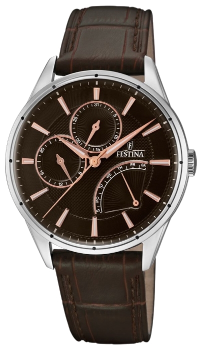 Festina F16974.2 - мужские наручные часы Festina F16974.2 - мужские наручные часыFestina<br><br><br>Бренд: Festina<br>Модель: Festina F16974/2<br>Артикул: F16974.2<br>Вариант артикула: None<br>Коллекция: None<br>Подколлекция: None<br>Страна: Испания<br>Пол: мужские<br>Тип механизма: кварцевые<br>Механизм: MJR00<br>Количество камней: None<br>Автоподзавод: None<br>Источник энергии: от батарейки<br>Срок службы элемента питания: None<br>Дисплей: стрелки<br>Цифры: отсутствуют<br>Водозащита: WR 30<br>Противоударные: None<br>Материал корпуса: нерж. сталь<br>Материал браслета: кожа<br>Материал безеля: None<br>Стекло: минеральное<br>Антибликовое покрытие: None<br>Цвет корпуса: None<br>Цвет браслета: None<br>Цвет циферблата: None<br>Цвет безеля: None<br>Размеры: None<br>Диаметр: None<br>Диаметр корпуса: 41<br>Толщина: None<br>Ширина ремешка: None<br>Вес: None<br>Спорт-функции: None<br>Подсветка: стрелок<br>Вставка: None<br>Отображение даты: число, день недели<br>Хронограф: None<br>Таймер: None<br>Термометр: None<br>Хронометр: None<br>GPS: None<br>Радиосинхронизация: None<br>Барометр: None<br>Скелетон: None<br>Дополнительная информация: None<br>Дополнительные функции: None
