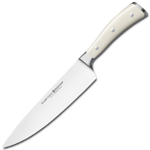 Нож кухонный Шеф 20 см WUSTHOF Ikon Cream White (Золинген) арт. 4596-0/20 WUS Нож кухонный Шеф 20 см WUSTHOF Ikon Cream White (Золинген) арт. 4596-0/20 WUSКухонные ножи WUSTHOF Ikon Cream White<br>Нож кухонный Шеф 20 см WUSTHOF Ikon Cream White (Золинген) арт. 4596-0/20 WUS<br> <br><br> <br>Отличительные особенности<br>Что резать: подходит для нарезки любых продуктов (мясо, рыба, овощи, фрукты).<br>Материал лезвия: сталь кованая, молибден-ванадиевая (X50 Cr Mo V 15) - отличается высочайшим уровнем прочности, обеспечивающимся наличием молибдена и ванадия в ее составе. Оптимальная для ножей твердость лезвия объясняется повышенным содержанием углерода в составе металла и особой технологией его термообработки. Сталь X50CrMoV15 благодаря наличию в ее составе хрома, отличается также повышенной стойкостью к коррозии.<br>Лезвия ножей из стали марки X50CrMoV15 долгое время не нуждаются в дополнительной заточке, они не темнеют и практически не подвержены окислению. Вне зависимости от интенсивности эксплуатации ножи сохраняют свой первозданный вид на протяжении всего срока их использования.<br>Материал рукоятки: полиоксиметилен - это инновационный материал, используемый для производства рукоятей ножей, он представляет собой усиленный оксидом кремния синтетический полимер, обладающий ударопрочными свойствами.<br>Благодаря таким свойствам, как водонепроницаемость, особая прочность, инертность к химическим веществам и продуктам, полиоксиметилен отвечает самым строгим требованиям в области гигиены, что позволяет использовать ножи с рукоятями из этого материала на ресторанных кухнях. Отличием таких ножей является идеальная балансировка, которая обеспечивает максимальный комфорт при долговременном использовании изделия.<br>Кому подойдет: хорошее соотношение цена-качество, отлично подойдет как для домашнего использования, так и для профессиональных поваров.<br>Описание<br>Серия ножей Ikon Cream White от Wusthof, не останется незамеченной на вашей кухне. Однако, эти клинки, выполненные в элегантном светлом дизайне, не только будут притягивать к себе восторженные взгляды ваших гостей, но и станут удобным и надёжным помощником в приготовлении самых разных блюд.<br>В основе каждого ножа — цельный кусок высокоуглеродистого металла. Удобная рукоять на трёх заклёпках идеально ложится в руку, а фирменная технология обработки лезвия PEtec гарантирует идеальную остроту этих ножей. Особенностью ножей Wusthof является идеальная сбалансированность — они «помогают» задать оптимальное направление движения, что значительно повышает удобство их использования.<br>Среди других достоинств клинков Ikon Cream White — специальный сплав содержащий хром и молибден помогающие содержать нож в идеальной чистоте, а также ванадий для обеспечения дополнительной прочности и остроты лезвия.<br>