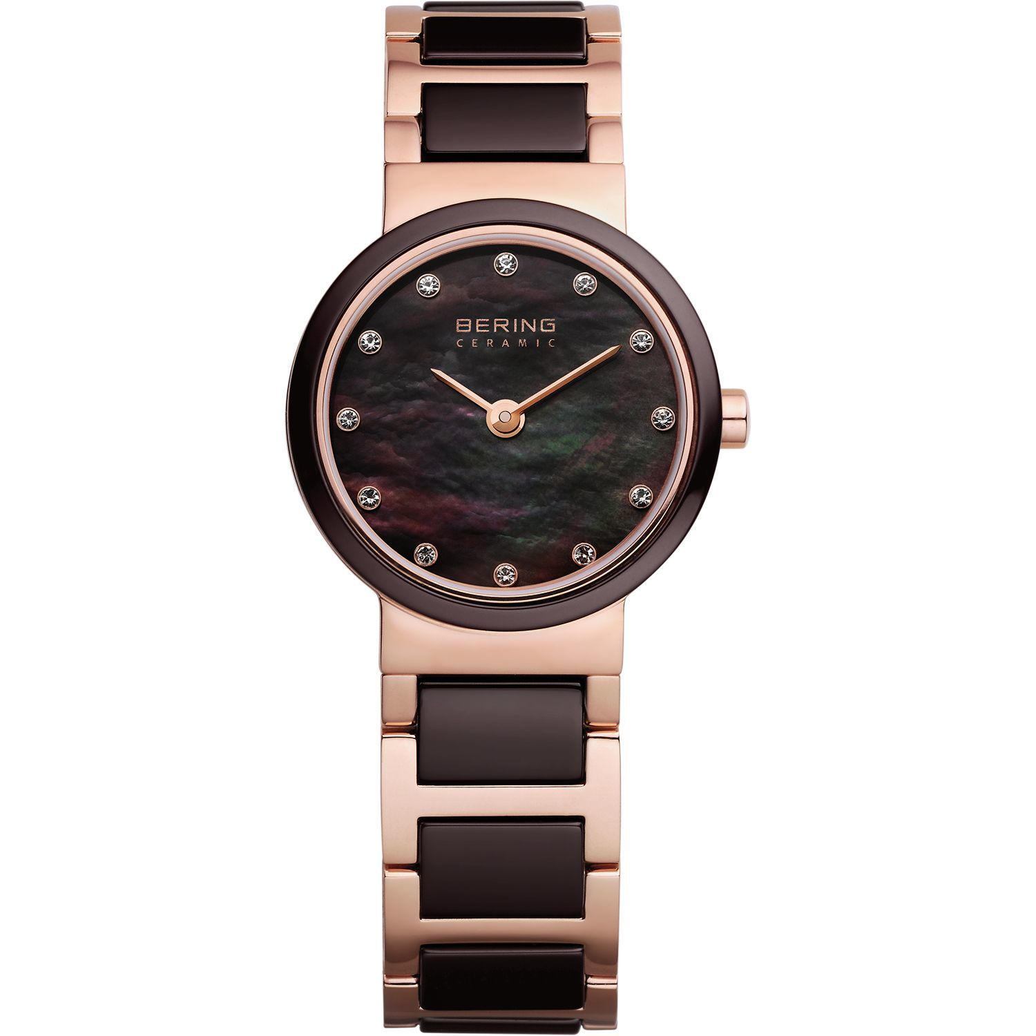 Bering 10725-765 - женские наручные часы из коллекции Ceramic Bering 10725-765 - женские наручные часы из коллекции CeramicBering<br>женские, сапфировое стекло, шоколадная керамика, корпус из нерж. стали с покрытием pvd розового цвета с безелем из керамики коричневого цвета, браслет из нерж. стали с покрытием pvd розового цвета со вставками из керамики коричневого цвета, циферблат перламутровый коричневого цвета с 12-ю кристаллами swarovski<br><br>Бренд: Bering<br>Модель: Bering 10725-765<br>Артикул: 10725-765<br>Вариант артикула: ber-10725-765<br>Коллекция: Ceramic<br>Подколлекция: None<br>Страна: Дания<br>Пол: женские<br>Тип механизма: кварцевые<br>Механизм: Miyota<br>Количество камней: None<br>Автоподзавод: None<br>Источник энергии: от батарейки<br>Срок службы элемента питания: None<br>Дисплей: стрелки<br>Цифры: отсутствуют<br>Водозащита: WR 50<br>Противоударные: None<br>Материал корпуса: нерж. сталь + керамика, PVD покрытие: позолота (частичное)<br>Материал браслета: нерж. сталь + керамика, PVD покрытие (частичное): позолота<br>Материал безеля: керамика<br>Стекло: сапфировое<br>Антибликовое покрытие: None<br>Цвет корпуса: розовое золото<br>Цвет браслета: розовое золото<br>Цвет циферблата: None<br>Цвет безеля: коричневый<br>Размеры: 25 мм<br>Диаметр: 25 мм<br>Диаметр корпуса: None<br>Толщина: None<br>Ширина ремешка: None<br>Вес: None<br>Спорт-функции: None<br>Подсветка: None<br>Вставка: кристаллы Swarovski<br>Отображение даты: None<br>Хронограф: None<br>Таймер: None<br>Термометр: None<br>Хронометр: None<br>GPS: None<br>Радиосинхронизация: None<br>Барометр: None<br>Скелетон: None<br>Дополнительная информация: None<br>Дополнительные функции: None