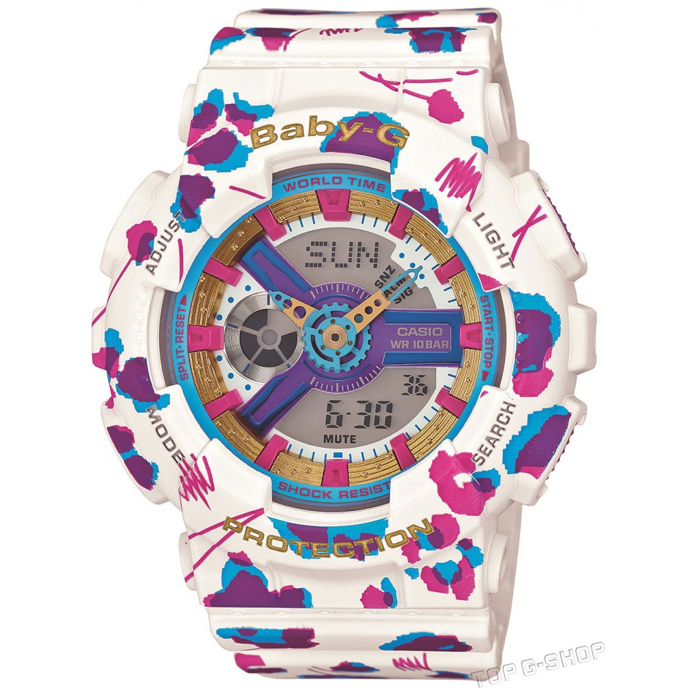 Casio Baby-G BA-110FL-7A / BA-110FL-7AER - женские наручные часы Casio Baby-G BA-110FL-7A / BA-110FL-7AER - женские наручные часыCasio<br><br><br>Бренд: Casio<br>Модель: Casio BA-110FL-7A<br>Артикул: BA-110FL-7A<br>Вариант артикула: BA-110FL-7AER<br>Коллекция: Baby-G<br>Подколлекция: None<br>Страна: Япония<br>Пол: женские<br>Тип механизма: кварцевые<br>Механизм: 5338<br>Количество камней: None<br>Автоподзавод: None<br>Источник энергии: от батарейки<br>Срок службы элемента питания: None<br>Дисплей: стрелки + цифры<br>Цифры: отсутствуют<br>Водозащита: WR 100<br>Противоударные: есть<br>Материал корпуса: пластик<br>Материал браслета: пластик<br>Материал безеля: None<br>Стекло: минеральное<br>Антибликовое покрытие: None<br>Цвет корпуса: None<br>Цвет браслета: None<br>Цвет циферблата: None<br>Цвет безеля: None<br>Размеры: None<br>Диаметр: None<br>Диаметр корпуса: None<br>Толщина: None<br>Ширина ремешка: None<br>Вес: 45 г<br>Спорт-функции: секундомер, таймер обратного отсчета<br>Подсветка: дисплея, стрелок<br>Вставка: None<br>Отображение даты: вечный календарь, число, месяц, день недели<br>Хронограф: None<br>Таймер: None<br>Термометр: None<br>Хронометр: None<br>GPS: None<br>Радиосинхронизация: None<br>Барометр: None<br>Скелетон: None<br>Дополнительная информация: повтор сигнала будильника, ежечасный сигнал, функция включения/отключения звука кнопок, элемент питания SR726W ? 2, срок службы батарейки 2 года<br>Дополнительные функции: второй часовой пояс, будильник (количество установок: 5)