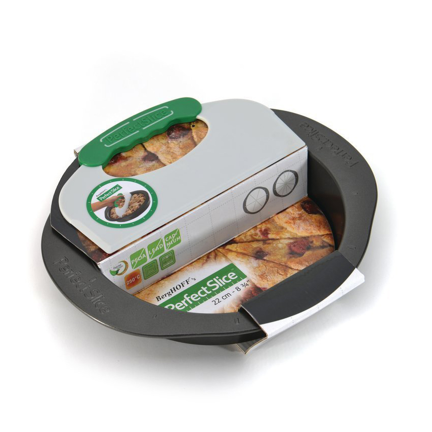 Форма для запекания круглая с инструментом для нарезания 30*27*5см BergHOFF Perfect Slice 1100054 Форма для запекания круглая с инструментом для нарезания 30*27*5см BergHOFF Perfect Slice 1100054Формы для выпечки<br>Форма для запекания круглая с инструментом для нарезания 30*27*5см BergHOFF Perfect Slice 1100054<br> <br>Уникальная запатентованная линия посуды с разметкой и инструментом для нарезания для контроля за размерами порций. Изготовлена из утолщенной стали, что гарантирует отсутствие деформации. Ручки спроектированы для безопасного и удобного захвата (даже в надетых кухонных рукавицах). Антипригарное покрытие FernoGreen позволяет легко извлекать продукт из формы и не содержит ПФОК, кадмия и свинца. Вы можете сами определить свою порцию, что облегчает контроль за рационом для диабетиков и желающих похудеть. Красиво и равномерно нарезанные кусочки выглядят профессионально. Огромное количество вариантов нарезки: вот лишь некоторые предложения.Мы по-прежнему рекомендуем мыть вручную: получится быстро благодаря антипригарному покрытию и отимально для сохранения его качества. <br>Состав набора:1x круглая форма для выпечки 30 x 27 x 5 cm1x инструмент для нарезания 22,5 x 12,5 x 1 cm<br>