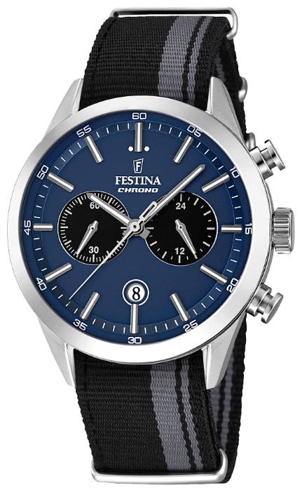 Festina F16827.2 - мужские наручные часы из коллекции Chronograph Festina F16827.2 - мужские наручные часы из коллекции ChronographFestina<br><br><br>Бренд: Festina<br>Модель: Festina F16827/2<br>Артикул: F16827.2<br>Вариант артикула: None<br>Коллекция: Chronograph<br>Подколлекция: None<br>Страна: Испания<br>Пол: мужские<br>Тип механизма: кварцевые<br>Механизм: MOS21<br>Количество камней: None<br>Автоподзавод: None<br>Источник энергии: от батарейки<br>Срок службы элемента питания: None<br>Дисплей: стрелки<br>Цифры: отсутствуют<br>Водозащита: WR 50<br>Противоударные: None<br>Материал корпуса: нерж. сталь<br>Материал браслета: текстиль<br>Материал безеля: None<br>Стекло: минеральное<br>Антибликовое покрытие: None<br>Цвет корпуса: None<br>Цвет браслета: None<br>Цвет циферблата: None<br>Цвет безеля: None<br>Размеры: 44 мм<br>Диаметр: None<br>Диаметр корпуса: None<br>Толщина: None<br>Ширина ремешка: None<br>Вес: None<br>Спорт-функции: секундомер<br>Подсветка: стрелок<br>Вставка: None<br>Отображение даты: число<br>Хронограф: есть<br>Таймер: None<br>Термометр: None<br>Хронометр: None<br>GPS: None<br>Радиосинхронизация: None<br>Барометр: None<br>Скелетон: None<br>Дополнительная информация: None<br>Дополнительные функции: None