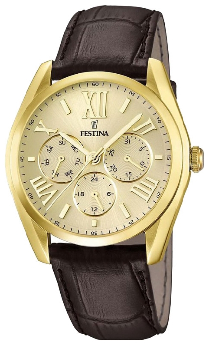Festina F16753.2 - мужские наручные часы из коллекции Multifunction Festina F16753.2 - мужские наручные часы из коллекции MultifunctionFestina<br><br><br>Бренд: Festina<br>Модель: Festina F16753/2<br>Артикул: F16753.2<br>Вариант артикула: None<br>Коллекция: Multifunction<br>Подколлекция: None<br>Страна: Испания<br>Пол: мужские<br>Тип механизма: кварцевые<br>Механизм: None<br>Количество камней: None<br>Автоподзавод: None<br>Источник энергии: от батарейки<br>Срок службы элемента питания: None<br>Дисплей: стрелки<br>Цифры: римские<br>Водозащита: WR 50<br>Противоударные: None<br>Материал корпуса: нерж. сталь, PVD покрытие: позолота (полное)<br>Материал браслета: кожа (не указан)<br>Материал безеля: None<br>Стекло: минеральное<br>Антибликовое покрытие: None<br>Цвет корпуса: None<br>Цвет браслета: None<br>Цвет циферблата: None<br>Цвет безеля: None<br>Размеры: 42 мм<br>Диаметр: None<br>Диаметр корпуса: None<br>Толщина: None<br>Ширина ремешка: None<br>Вес: None<br>Спорт-функции: None<br>Подсветка: None<br>Вставка: None<br>Отображение даты: число, день недели<br>Хронограф: None<br>Таймер: None<br>Термометр: None<br>Хронометр: None<br>GPS: None<br>Радиосинхронизация: None<br>Барометр: None<br>Скелетон: None<br>Дополнительная информация: None<br>Дополнительные функции: None