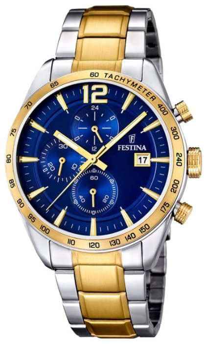 Festina F16761.2 - мужские наручные часы из коллекции Chronograph Festina F16761.2 - мужские наручные часы из коллекции ChronographFestina<br><br><br>Бренд: Festina<br>Модель: Festina F16761/2<br>Артикул: F16761.2<br>Вариант артикула: None<br>Коллекция: Chronograph<br>Подколлекция: None<br>Страна: Испания<br>Пол: мужские<br>Тип механизма: кварцевые<br>Механизм: None<br>Количество камней: None<br>Автоподзавод: None<br>Источник энергии: от батарейки<br>Срок службы элемента питания: None<br>Дисплей: стрелки<br>Цифры: арабские<br>Водозащита: WR 50<br>Противоударные: None<br>Материал корпуса: нерж. сталь, PVD покрытие: позолота (частичное)<br>Материал браслета: нерж. сталь, PVD покрытие (частичное): позолота<br>Материал безеля: None<br>Стекло: минеральное<br>Антибликовое покрытие: None<br>Цвет корпуса: None<br>Цвет браслета: None<br>Цвет циферблата: None<br>Цвет безеля: None<br>Размеры: 44x12 мм<br>Диаметр: None<br>Диаметр корпуса: None<br>Толщина: None<br>Ширина ремешка: None<br>Вес: None<br>Спорт-функции: секундомер<br>Подсветка: стрелок<br>Вставка: None<br>Отображение даты: число<br>Хронограф: есть<br>Таймер: None<br>Термометр: None<br>Хронометр: None<br>GPS: None<br>Радиосинхронизация: None<br>Барометр: None<br>Скелетон: None<br>Дополнительная информация: None<br>Дополнительные функции: None