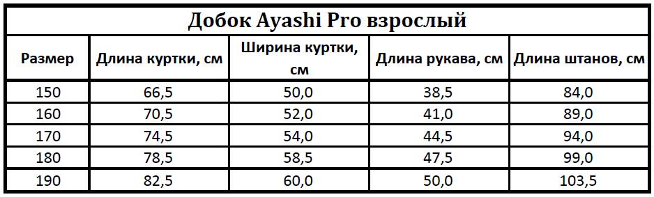 Таблица размеров добка Аяши Про Таблица размеров добка Аяши Про