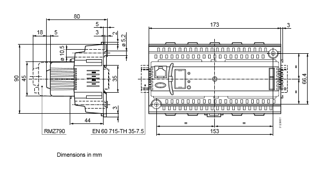 Размеры контроллера Siemens RMS705B-1