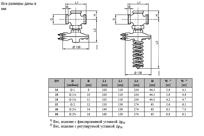 Размеры регулятор перепада давления прямого действия Siemens VHG519L20-8