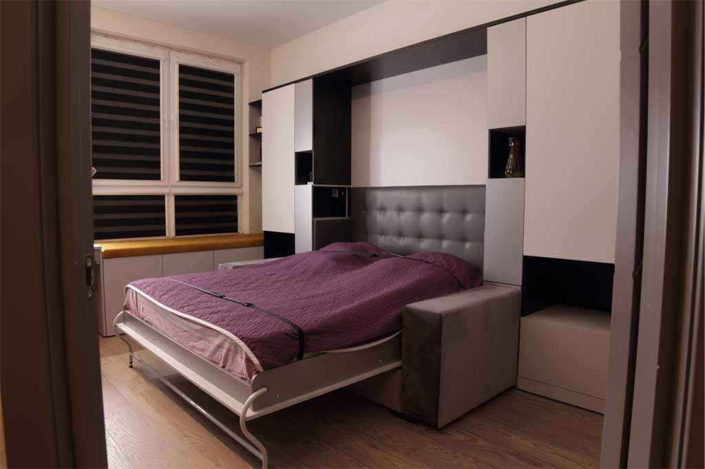 Комната в серо-черных тонах Манхэттен с откидной кроватью Глория и диваном горчичного цвета
