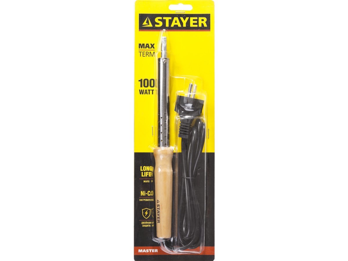 Паяльник с деревянной рукояткой и долговечным жалом, STAYER "MASTER" MAXTerm, 55310-100, 100 Вт, клин