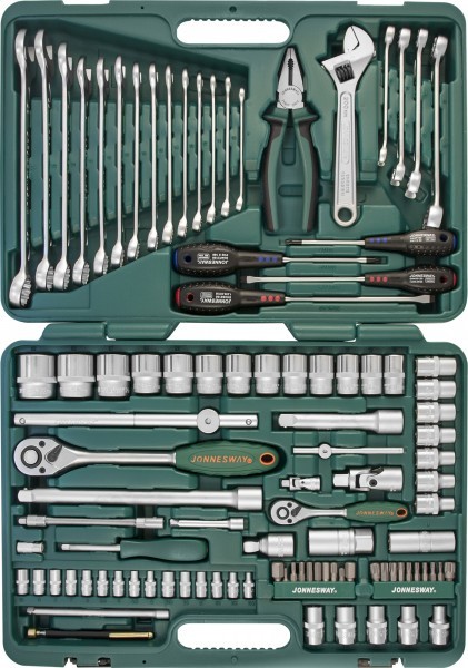 Универсальный набор торцевых головок 1/4"DR 4-10 мм и 1/2"DR 8-32 мм, комбинированных ключей 8-24 мм и отверток, 101 предмет Jonnesway